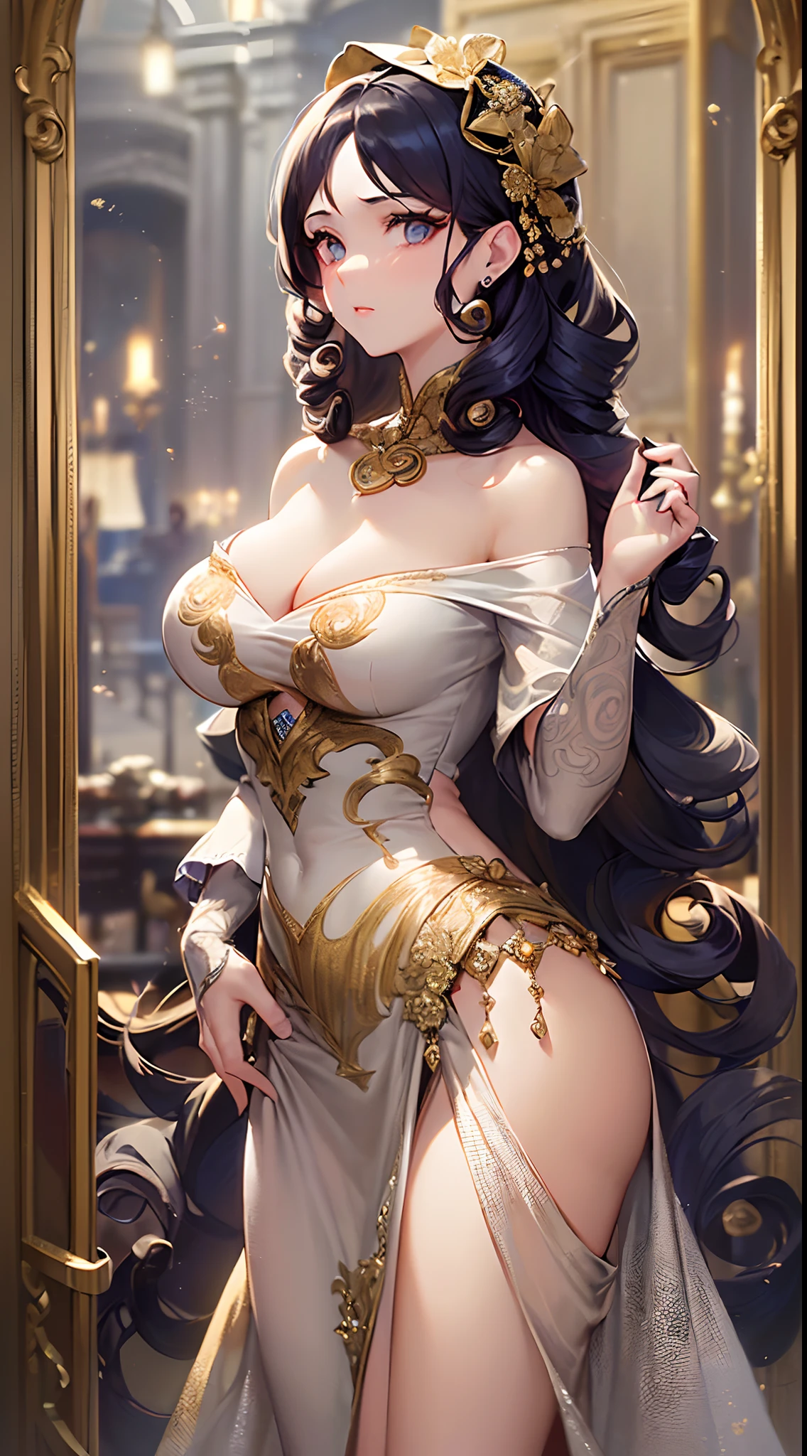 ((Finest quality)),(超A high resolution),(ultra-detailliert),(Meticulous portrayal),((Best Anime)),(Finest works of art),sharpnes,Clair, (Female opera singer in an off-shoulder dress with elaborate design:1.5),Jewelry with intricate designs:1.3,(Curled hair:1.5),Proportioned proportions:1.4, opera house,stage