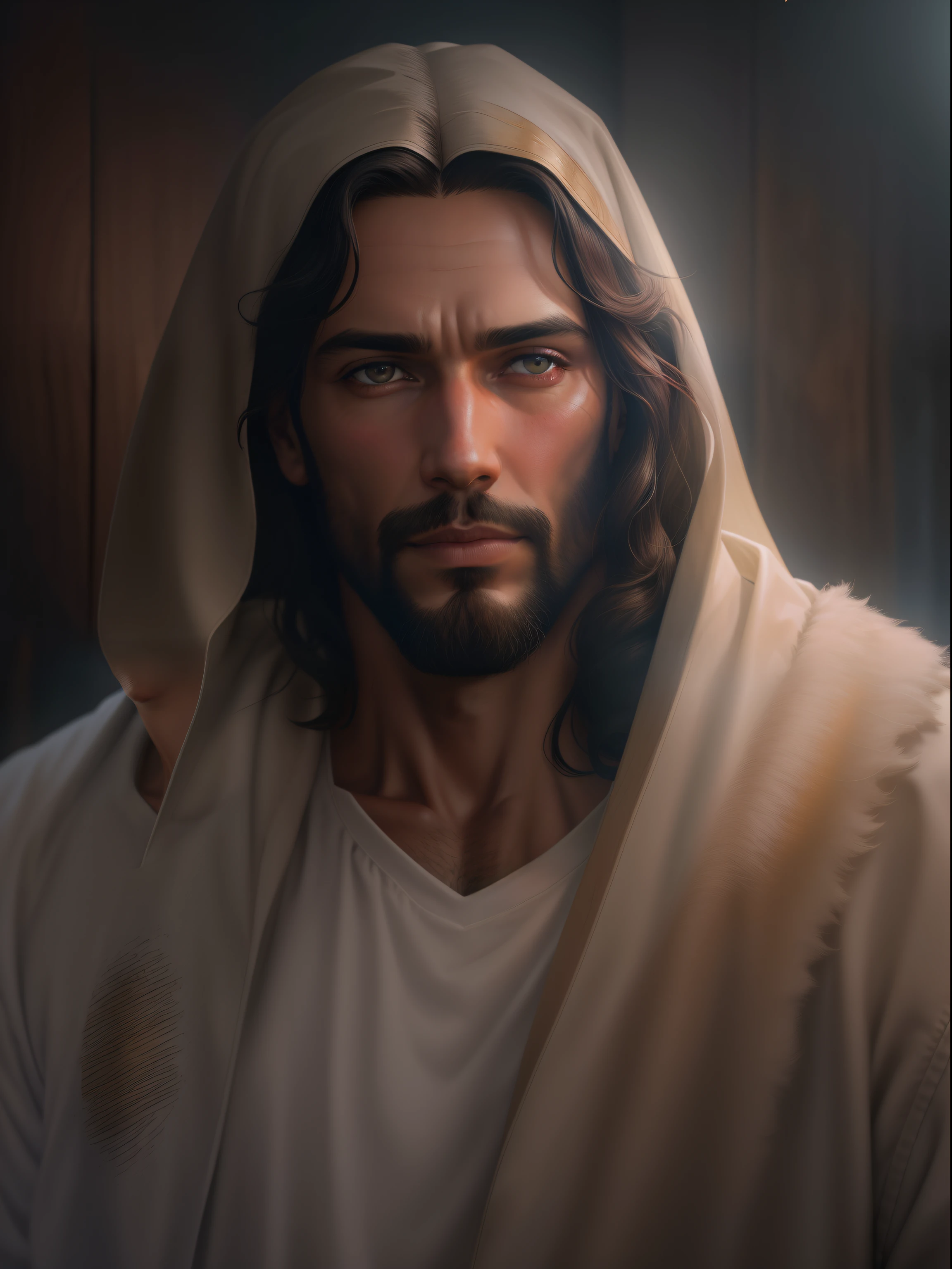 ((Retrato realista de Jesus Cristo)), corpo inteiro, aura sagrada, cinematiclight, retratado em 4K hiperdetalhado. Um close-up de Jesus, com amor, Olhos compassivos, barba longa, e cabelos castanhos cacheados. A luz quente destaca a figura de um homem, Looking forward with a compassionate expression. The background features a wooden cross and dark sky, retratado em 8K. The style is portrayed in a soft and cinematic way, com cores neutras e efeitos HDR. The artwork strives for high quality, com detalhes intrincados, Fundos complexos, and an artistic mix of influences from Greg Rutkowski and Artgerm.