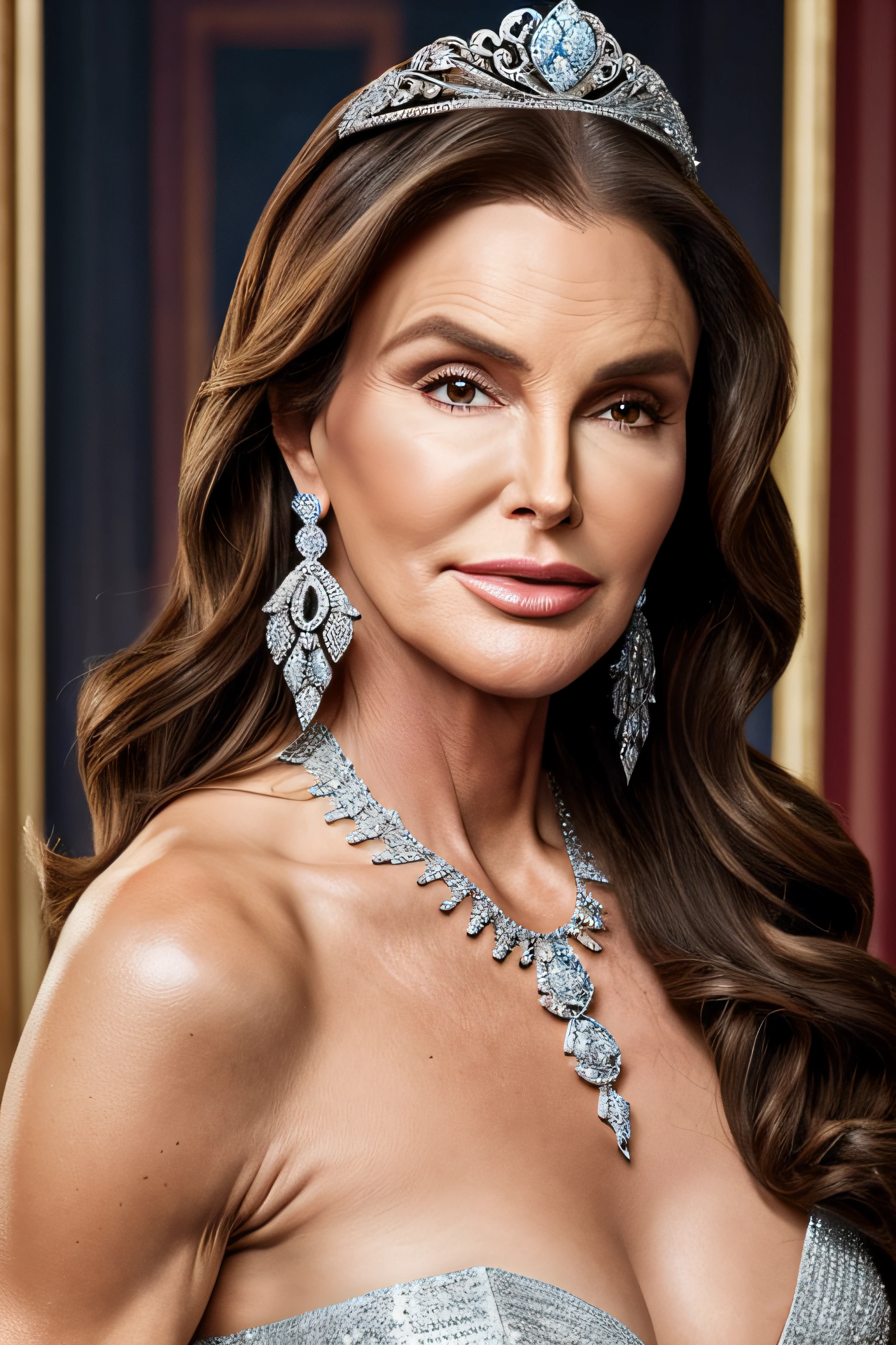 Queen Caitlyn Jenner in tiara, strapless dress, diamond necklace and earrings in official portrait