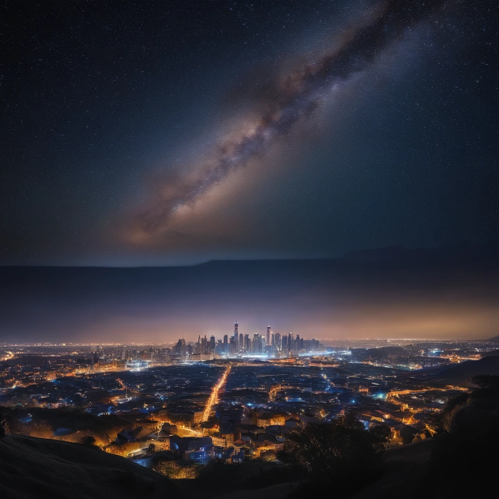 Master Parts、Superior Quality、superior image quality、The 8k quality、、Beautiful pictures of the starry sky、magnifica、Arched Milky Way:1.9、shooting stars:1.9、Futuristic cities:1.9