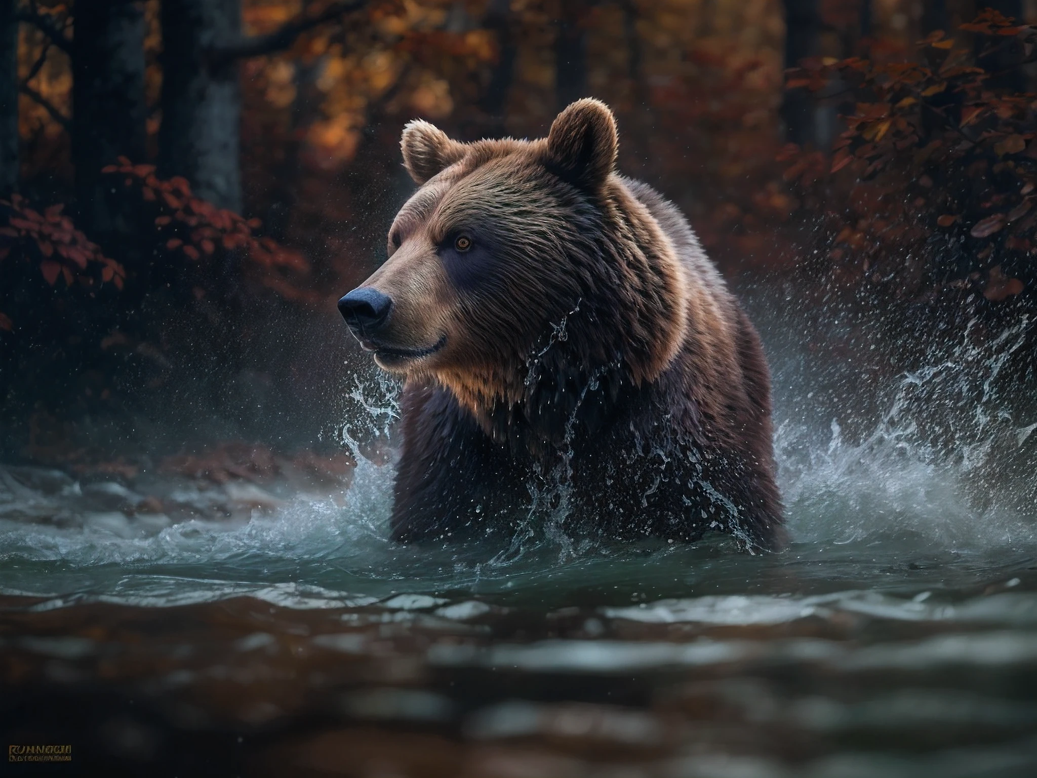 National Geographic Award-winning wildlife photo of a bear in the river hunting fish in the forest, soft volumetric lights | whole body view | altamente detalhado | high resolution | olhando para o espectador com uma gaze intensa | predatory | olhos hiper detalhados | foco nítido | luz natural, perfect composition, Beautiful intricately detailed octane rendering trends in ArtStation, 8k artistic photography, arte conceitual fotorrealista, Perfect cinematic light natural volumetric soft, Chiaroscuro, award-winning photography, master part, oil on the canvas, Raphael, Caravaggio, Greg Rutkowski, bipe, Beksinski, Giger