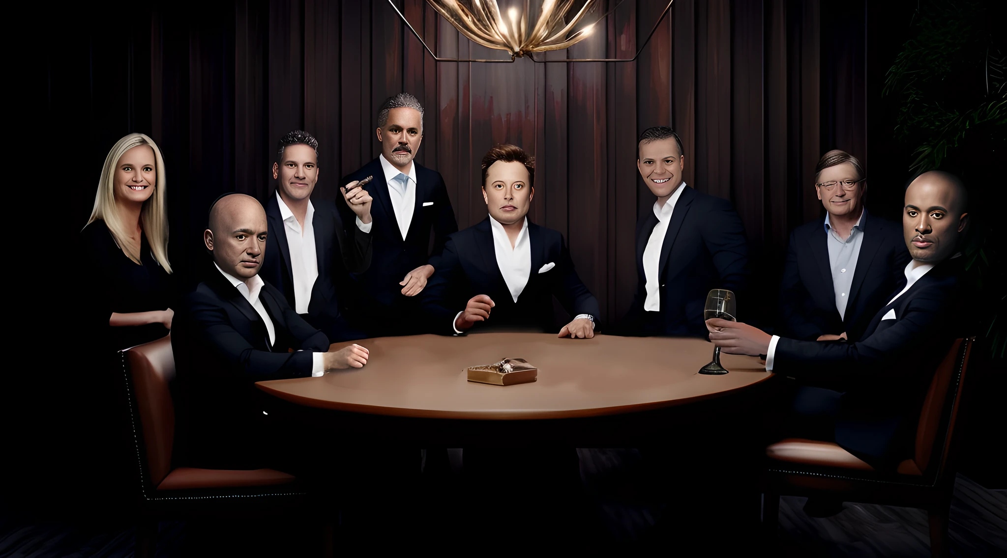arafed group of men and women sitting around a table with a glass of wine, gentlemen's dinner, group sit at table, corporate photo, super rich, promotional image, chefs table, corporate portrait