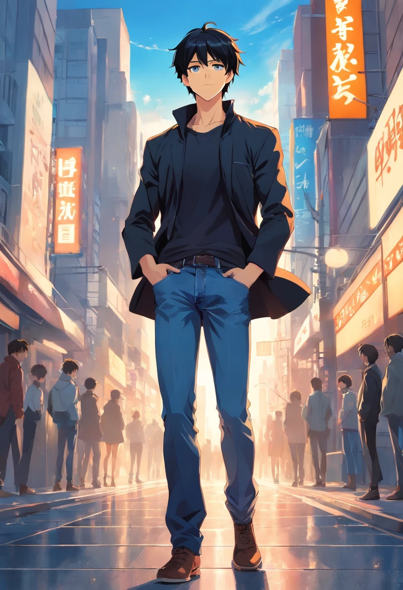japanes,A tall man, Delicate facial features like an actor,Black hair with blonde highlights, Wearing a black gentlemanly jacket, Denim jeans, Intense muscles, Blue eyes, city