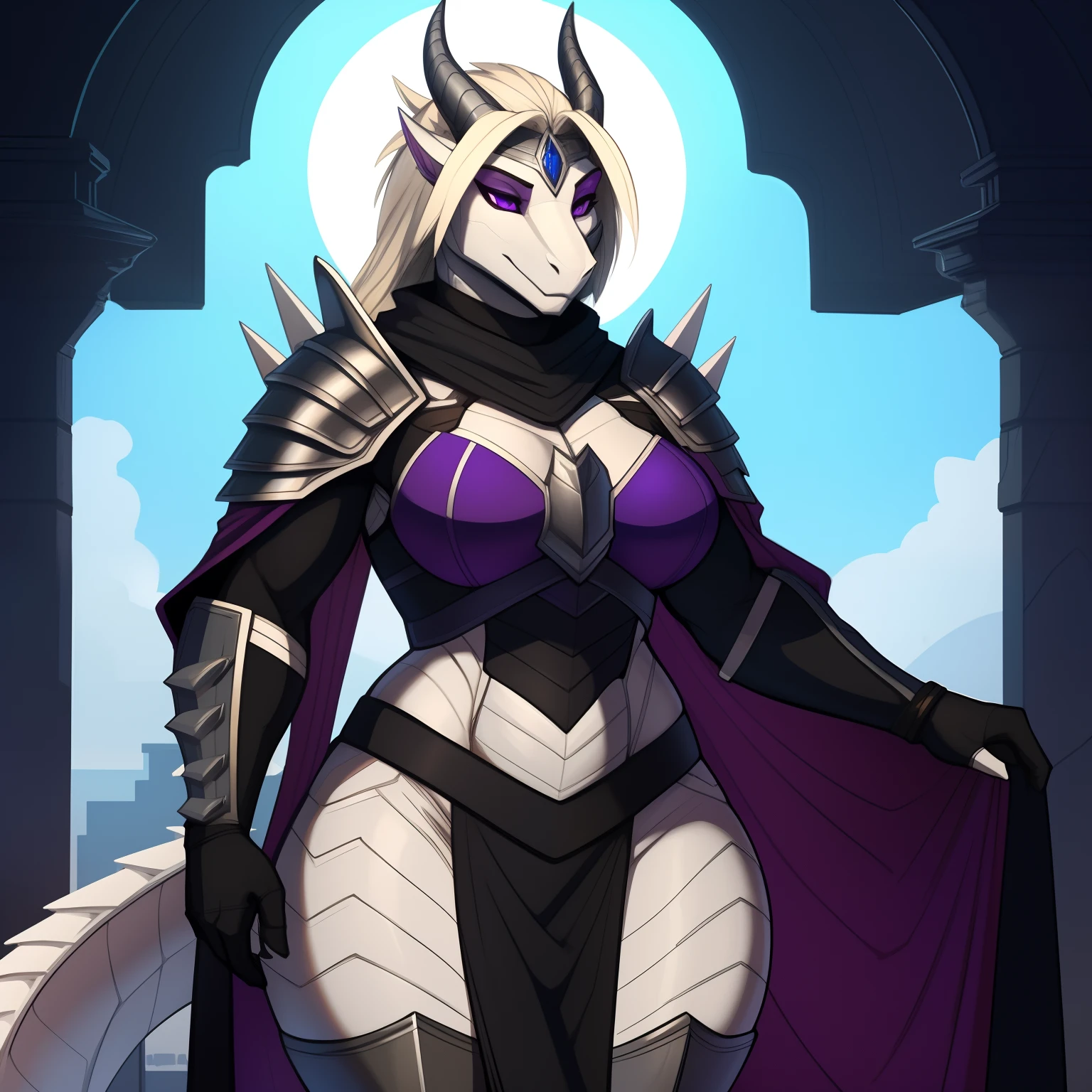 muscular_mature_dragon female platinum_blonde_scaled_body purple_eyes silver_tail_ridges silver_spikes silver_horns slit_pupils solo Masterpiece best_quality absurdres highly_detailed  black_circlet black_heavy_plate_armor red_mantle cleanly_drawn_eyes anthro_only by_claweddrip, by_greasymojo, by_underscore-b, by_runawaystride