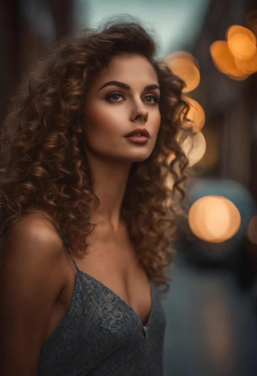 (sharp focus:1.2), photo, attractive young woman, (beautiful face:1.1), detailed eyes, luscious lips, (cat eye makeup:0.85), (large eyes:1.0), (toned body:1.2), (curly hair:1.2), (curvy body :1.2), wearing (romper:1.2) on a (street:1.2). (moody lighting:1.2), depth of field, bokeh, 4K, HDR. by (James C. Christensen:1.2|Jeremy Lipking:1.1).