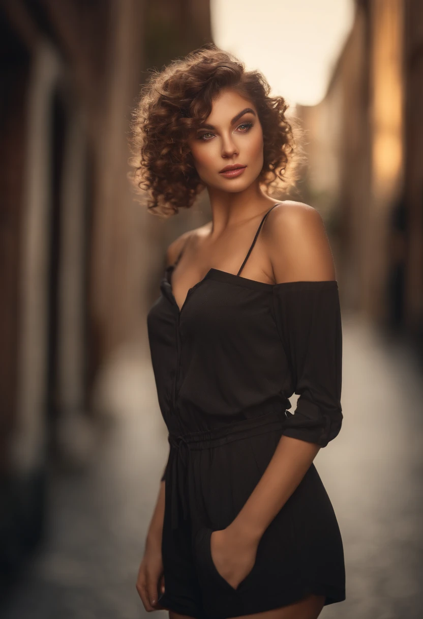 (sharp focus:1.2), photo, attractive young woman, (beautiful face:1.1), detailed eyes, luscious lips, (cat eye makeup:0.85), (large eyes:1.0), (toned body:1.2), (curly hair:1.2), (curvy body :1.2), wearing (romper:1.2) on a (street:1.2). (moody lighting:1.2), depth of field, bokeh, 4K, HDR. by (James C. Christensen:1.2|Jeremy Lipking:1.1).