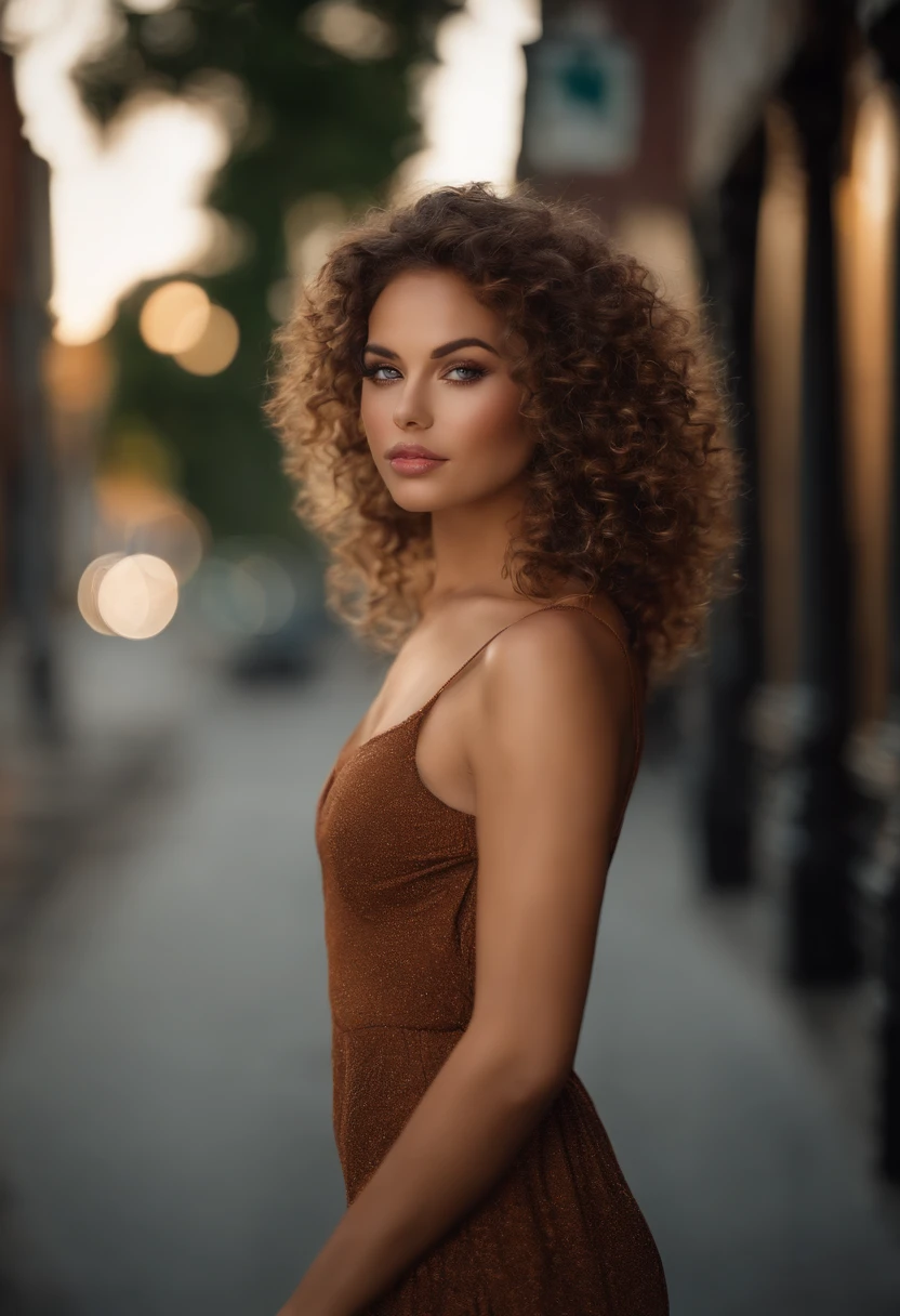 (sharp focus:1.2), photo, attractive young woman, (beautiful face:1.1), detailed eyes, luscious lips, (cat eye makeup:0.85), (large eyes:1.0), (toned body:1.2), (curly hair:1.2), (curvy body :1.2), wearing (romper:1.2) on a (street:1.2). (moody lighting:1.2), depth of field, bokeh, 4K, HDR. by (James C. Christensen:1.2|Jeremy Lipking:1.1).