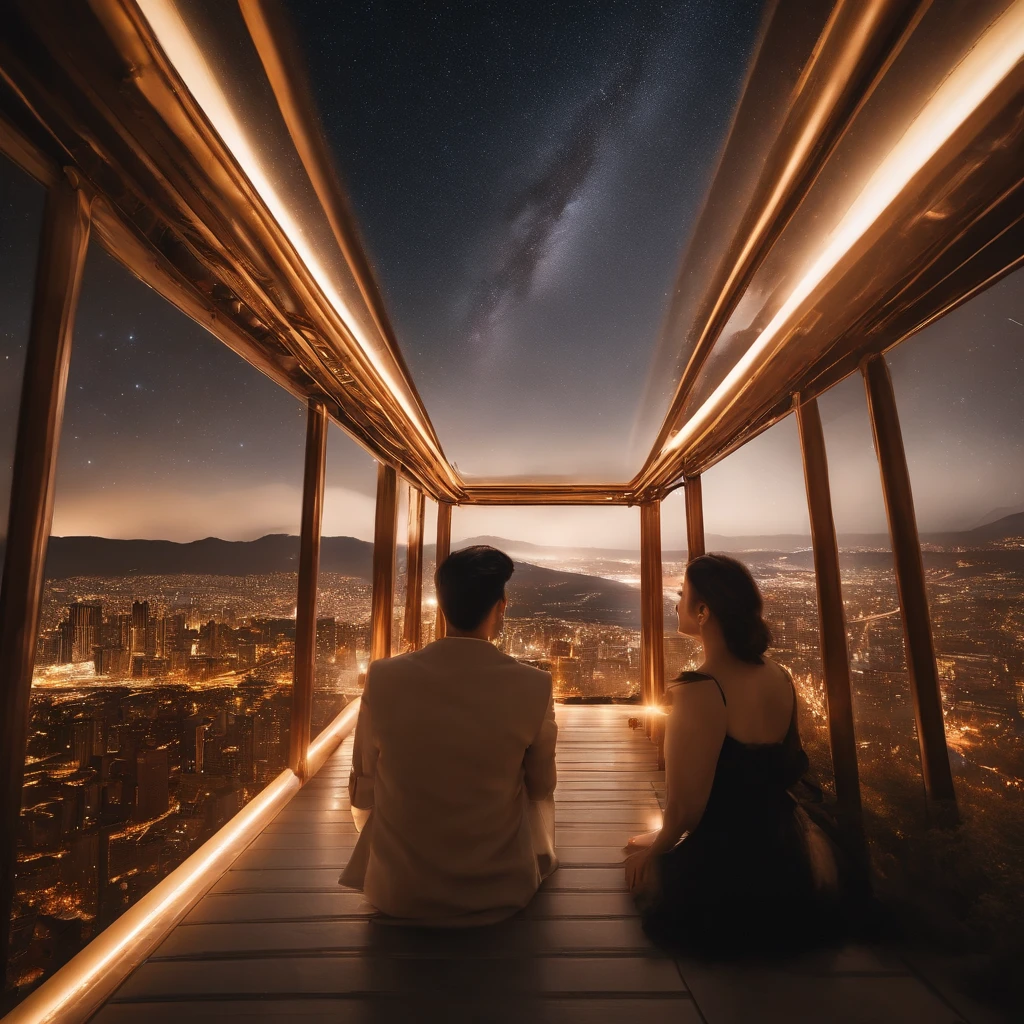 Master Parts、Superior Quality、superior image quality、The 8k quality、、Beautiful pictures of the starry sky、magnifica、Arched Milky Way:1.9、shooting stars:1.9、The night view of the futuristic city shines in gold:1.9