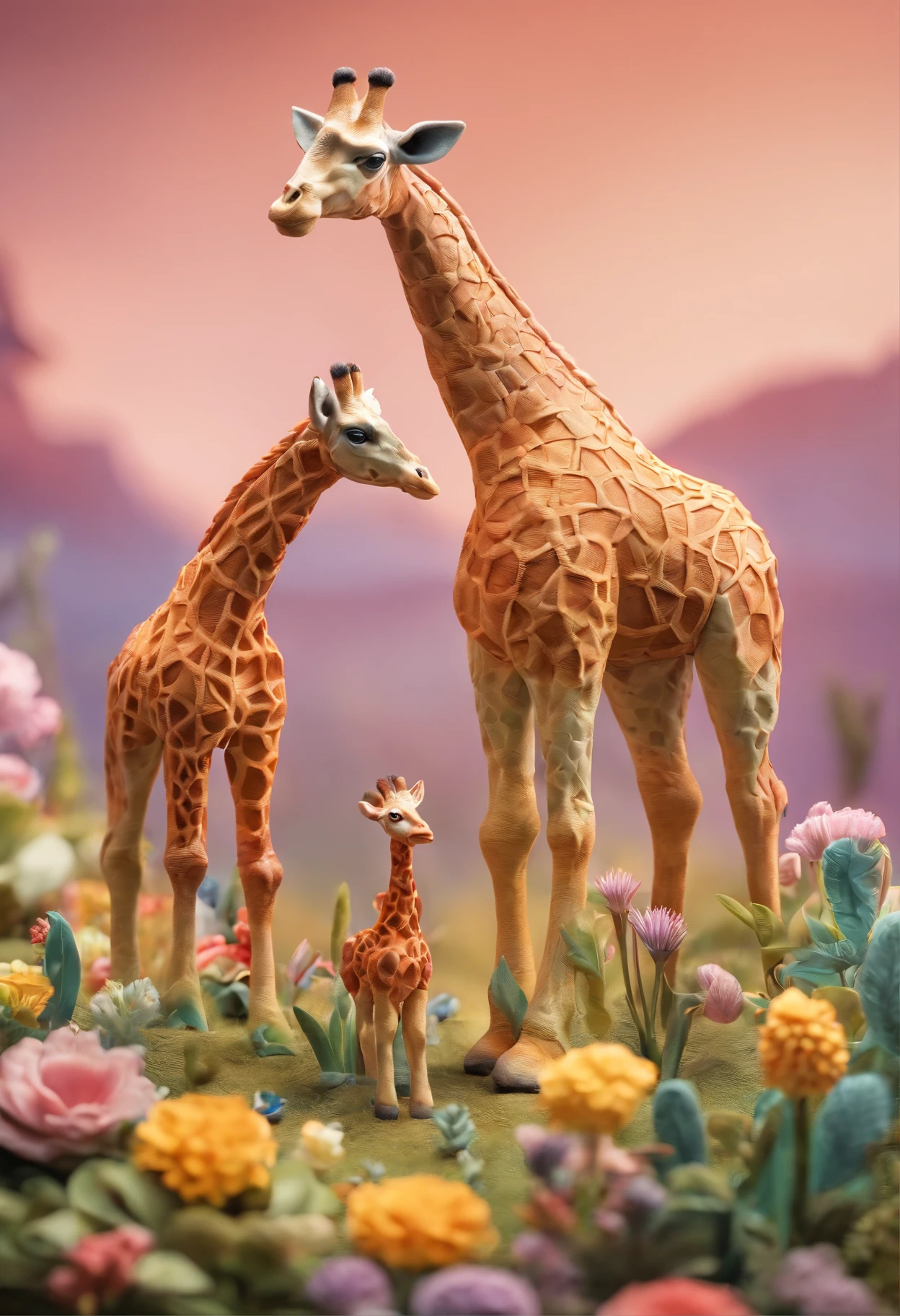 a stunning photo of a couple giraffe surrounded by plants in a flower meadow, 8k resolution concept art( intricate details:1.2), sunlight, (high quality:1.2), trending on artstation, 8k, absurdres, extremely detailed fur, (close up:1.1)