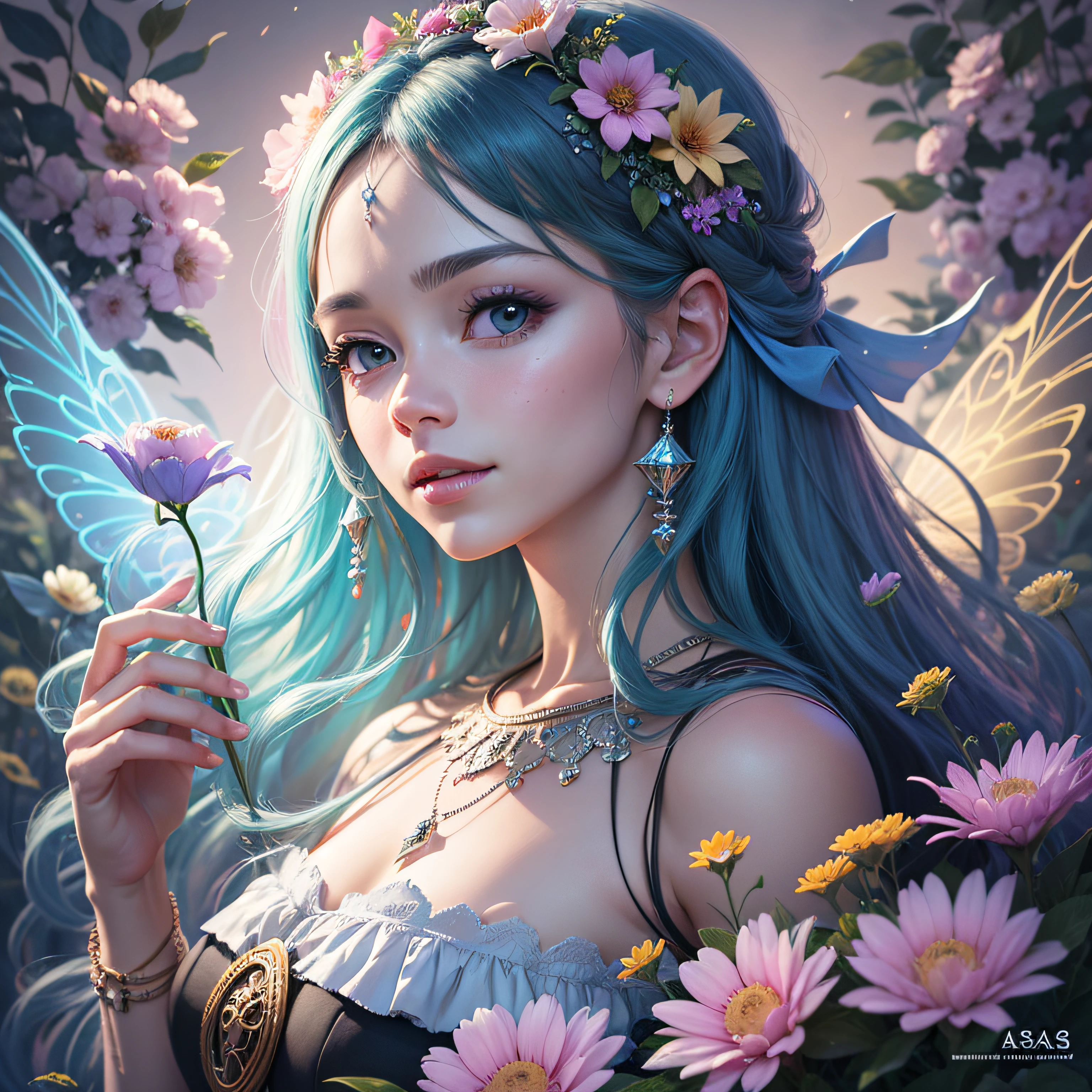 Cute flower fairy ,asas coloridas, Segure o cetro,Belo oceano cintilante、cercado por flores coloridas,asas transparentes,asas luminescentes、sorriso gentil、summer background、Fada suave e transparente、Tinta aquarela,Fundo bonito do jardim,Bright rainbow color landscape,infinidade de cores,Rico em elementos,The facial features are super detailed,anatomia correta,Epic composition, Epic digital art of romantic fantasy,Epic fairytale fantasy digital art,Mythological fantasy,Very high sharpness、K HD |、8k、Desenho detalhado,realista,very realistic,cinmatic lighting,uma fotografia premiada