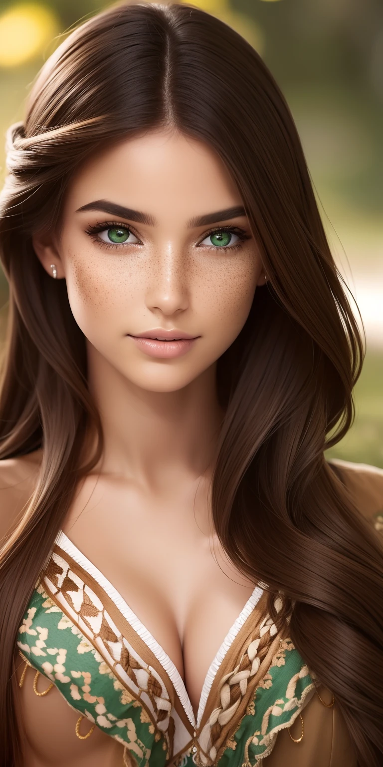 Luma es una persona elegante, ella es hermosa y tiene una postura fuerte, She has breasts that have a voluminous proportion, cuerpo exuberante, perfecto, tonificado, hermosa figura Una silueta fe****** de pera, brown-hair, Long brown hair, Tiene ojos expresivos, ( Solo ojos verde oliva) Her skin is fair and she has some light freckles on her cheekbones, tetona, granja, Brown rustic clothing, Ropa boho, Ropa de moda granja Boho, romantic vibes, Luces de fuego, El fuego brilla, Las flores visten el cabello para que sea mitad liso y mitad con puntas rizadas de dibujos animados