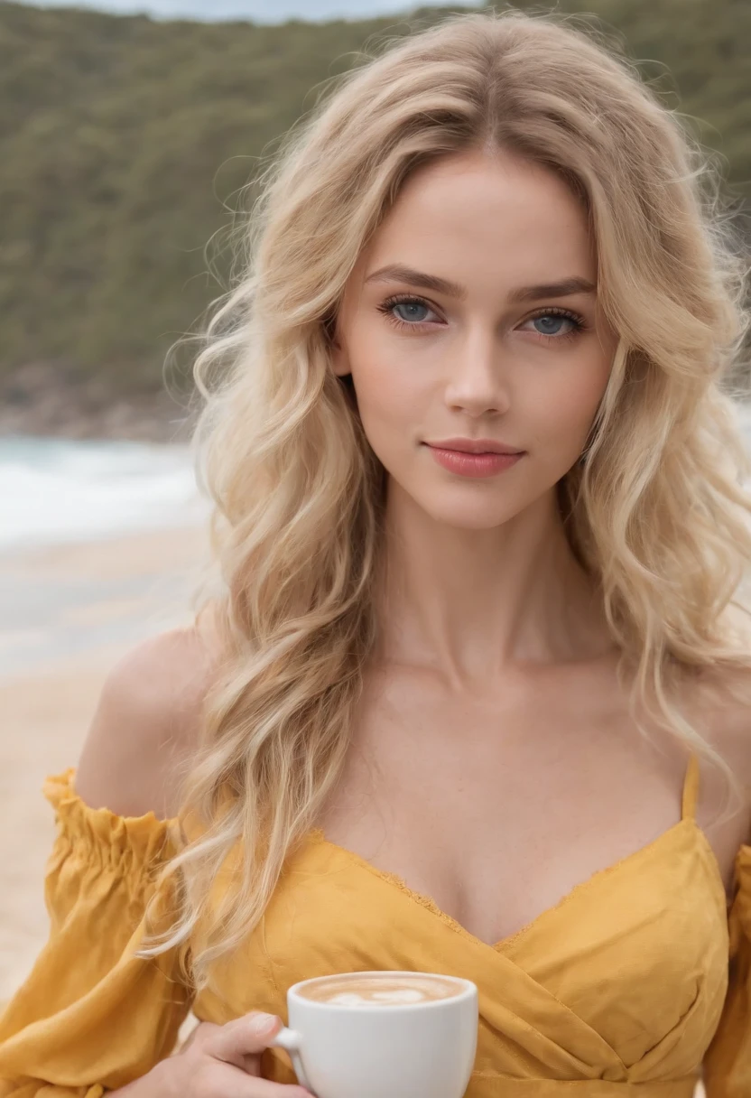cute beautiful model Elsa Karlsson, blonde with (dreadlock), wearing yellow floating dress,(drinking italian coffee in a chiringuito close to the beach), very detailed, dark cloudy weather in the background, natural wave hair, blue eyes, high-res, masterpiece, best quality,intricate details, highly detailed,sharp focus, detailed skin,realistic skin texture,texture, detailed eyes, professional, 4k, charmer smile, shot on Canon, 85mm,shallow depth of field,kodak vision color, perfect fit body, extremely detailed, photo_\(ultra\), photorealistic, realistic, post-processing, max detail, roughness, real life, ultra realistic, photorealism, photography, 8k uhd, photography,