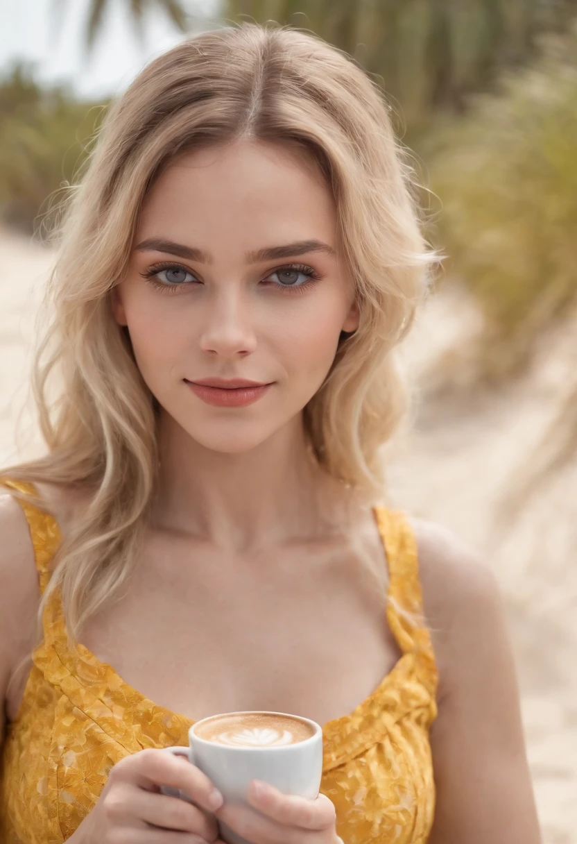 cute beautiful model Elsa Karlsson, blonde with (dreadlock), wearing yellow floating dress,(drinking italian coffee in a chiringuito close to the beach), very detailed, dark cloudy weather in the background, natural wave hair, blue eyes, high-res, masterpiece, best quality,intricate details, highly detailed,sharp focus, detailed skin,realistic skin texture,texture, detailed eyes, professional, 4k, charmer smile, shot on Canon, 85mm,shallow depth of field,kodak vision color, perfect fit body, extremely detailed, photo_\(ultra\), photorealistic, realistic, post-processing, max detail, roughness, real life, ultra realistic, photorealism, photography, 8k uhd, photography,