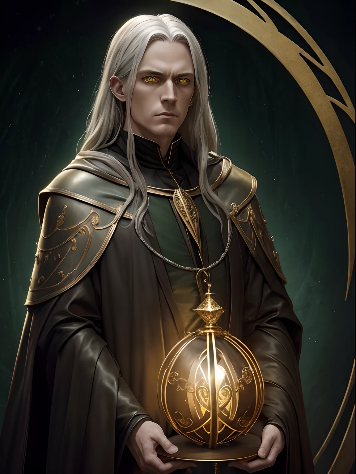 Raistlin Majere(Golden Leather, haggard, Painful appearance,, golden eyes with hourglass-shaped pupils, Piercing gaze) In the official mantle of the Slytherin faculty(green and silver colors), against the backdrop of Hogwarts, full body photographed