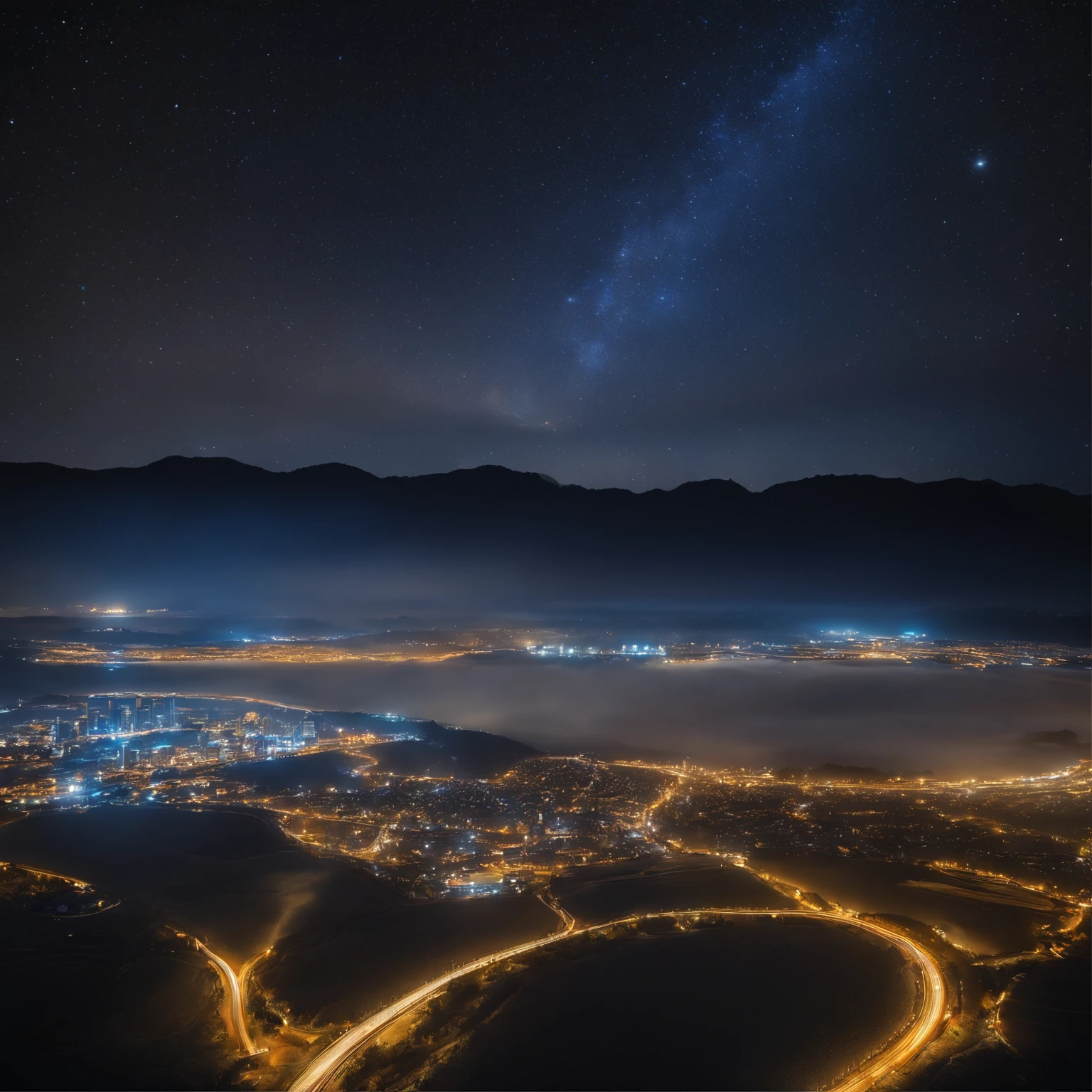 Master Parts、Superior Quality、superior image quality、The 8k quality、、Beautiful pictures of the starry sky、magnifica、Arched Milky Way:1.9、shooting stars:1.9、The night view of the futuristic city shines in gold:1.9