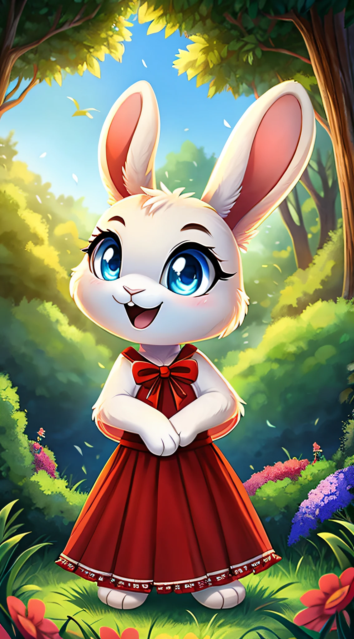 zoomed out image, fantasy style art, cute, adorable, short character, small, tiny little fluffy female white bunny with blue eyes, 4 ears, 2 extra ears, big floppy ears, long ears, ears perked up, raised ears, long eyelashes, poofy rabbit tail, wearing a red frilly ribbon dress, smiling, standing in a forest, big expressive smile, open mouth, wide eyes, excited eyes, excited face, stunning visuals, flowers scattered in the bushes, digital illustration