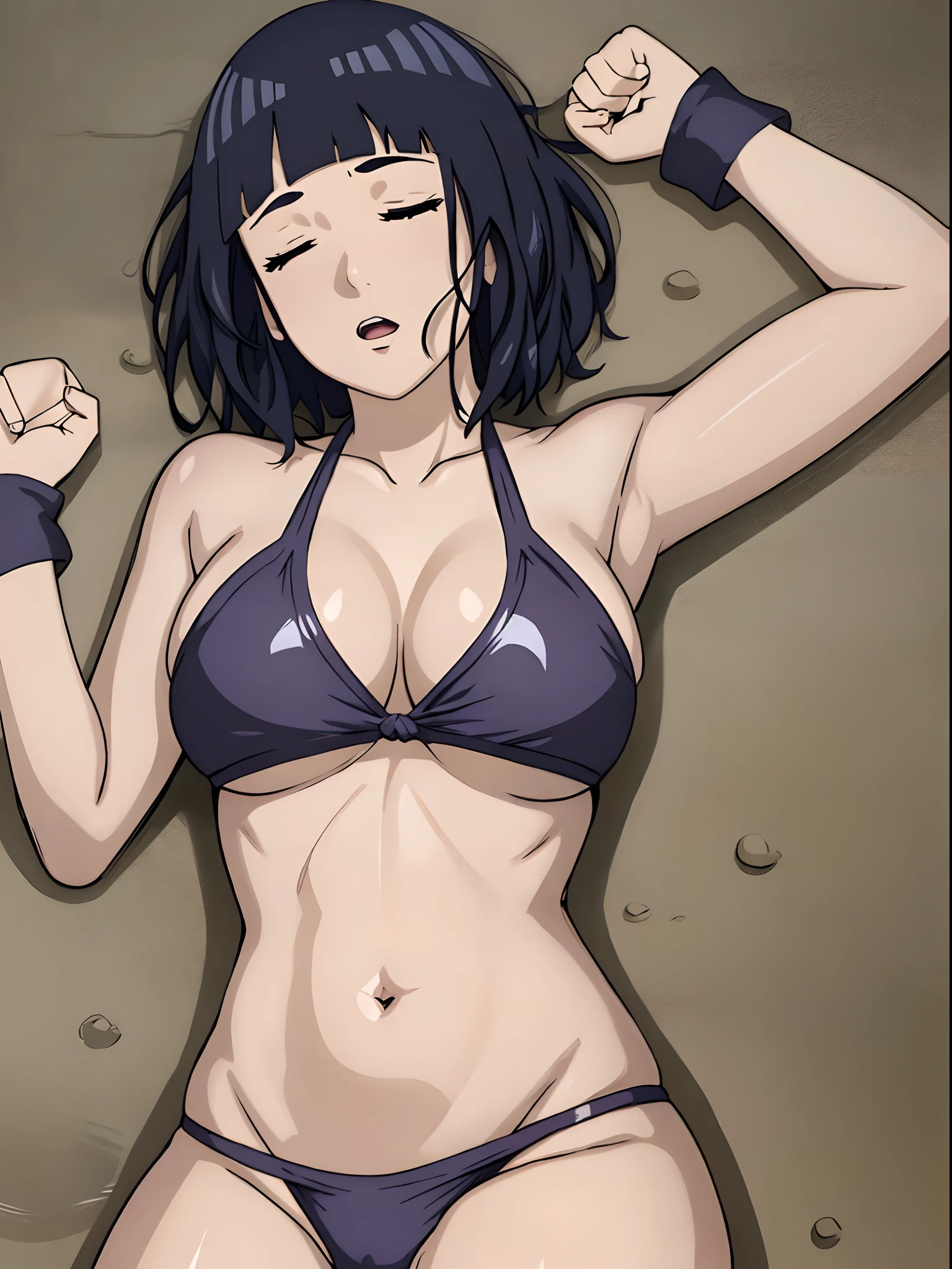 ((cowboy shot)), (ultra detailed body, ultra detailed face), ((solo)), anime style, hires, ((yellow ground)), (hinata\(boruto\), (female wrestler), (slender body, broad shoulders), mature woman, milf, (black bikini, ultra detailed pro wrestling gear), victorious, gorgeous, winner, (moaning , open mouth), (pale skin, shiny skin, lighting and shadow), (dark blue hair color:1.1), wavy hair, ((short hair, hime cut, floating hair), big breasts, ((leaning against ground, lying on back, sleeping on ground, out cold, unconscious)), (long belly), (closed fists, head tilt), seductive