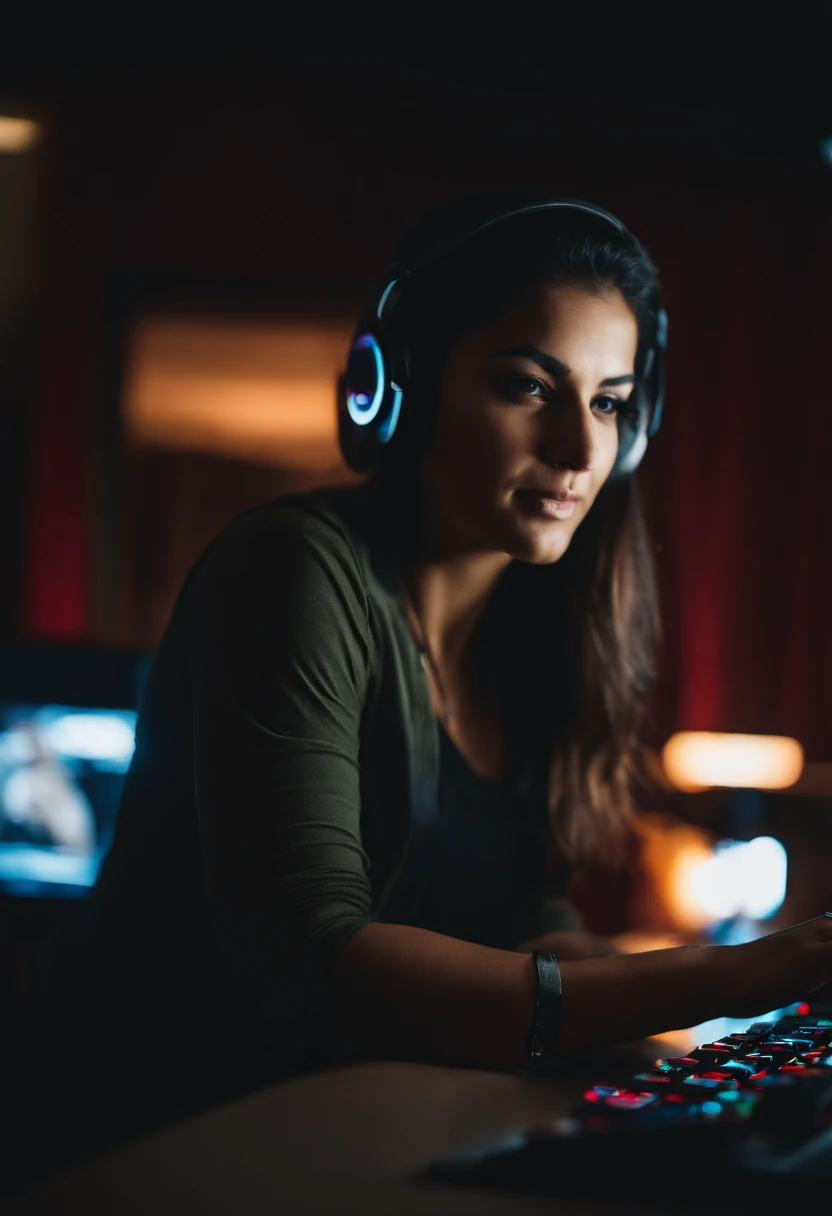 mulher morena de 25 anos, usando um computador para jogos, sentada, usando teclado gamer, RGB, fundo escuro com led colorido, usando um fone gamer.