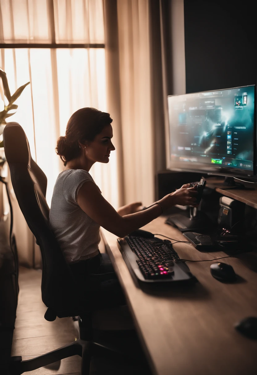 mulher morena de 25 anos, usando um computador para jogos, sentada, usando teclado gamer, RGB, fundo escuro com led colorido, usando um fone gamer.