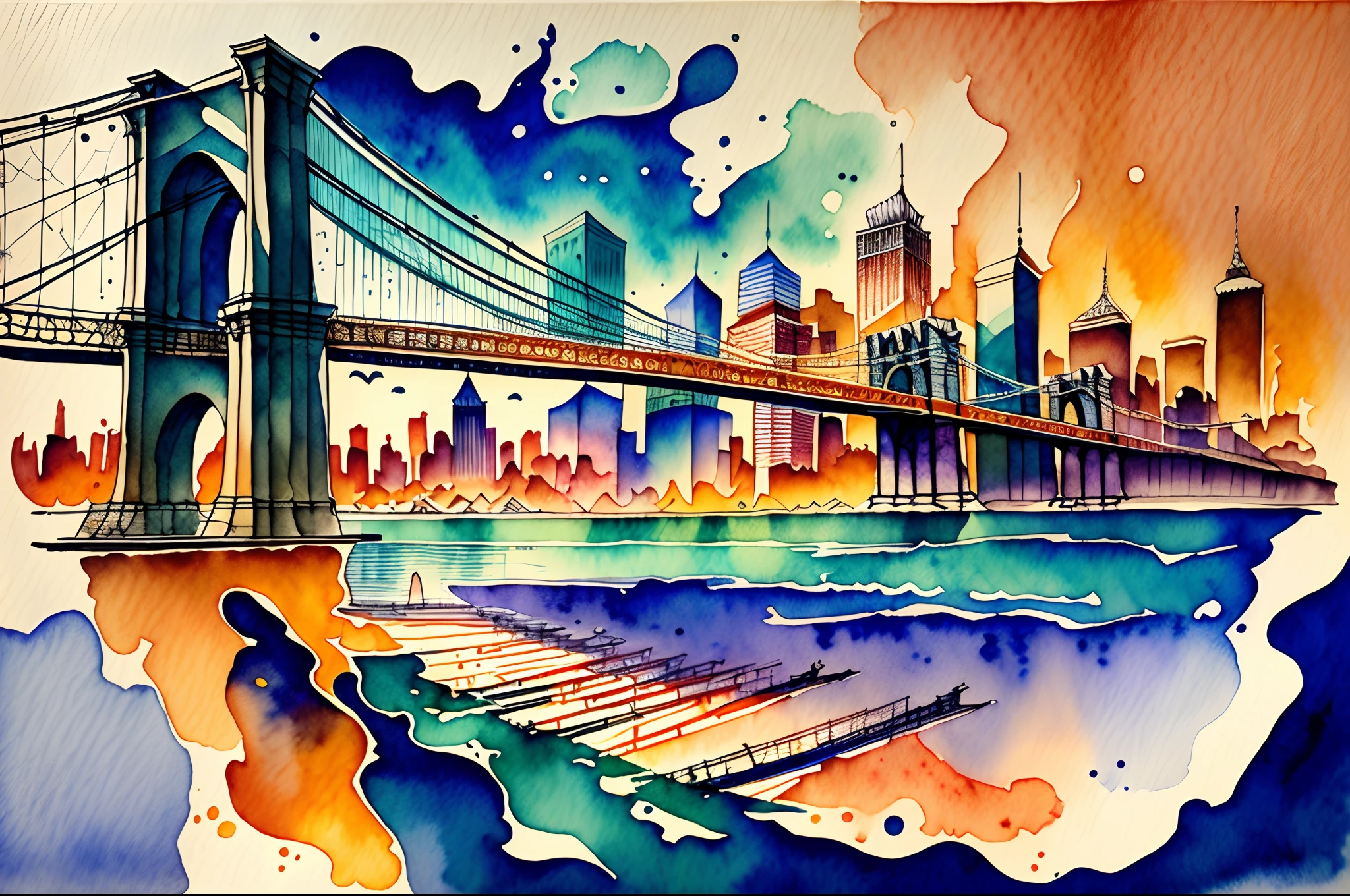 abstract watercolor painting of Brooklyn Bridge NY East River inspiration, intricate pen drawings, andrzej sykut, colorful scenes, blue and amber, ink painting --auto --s2