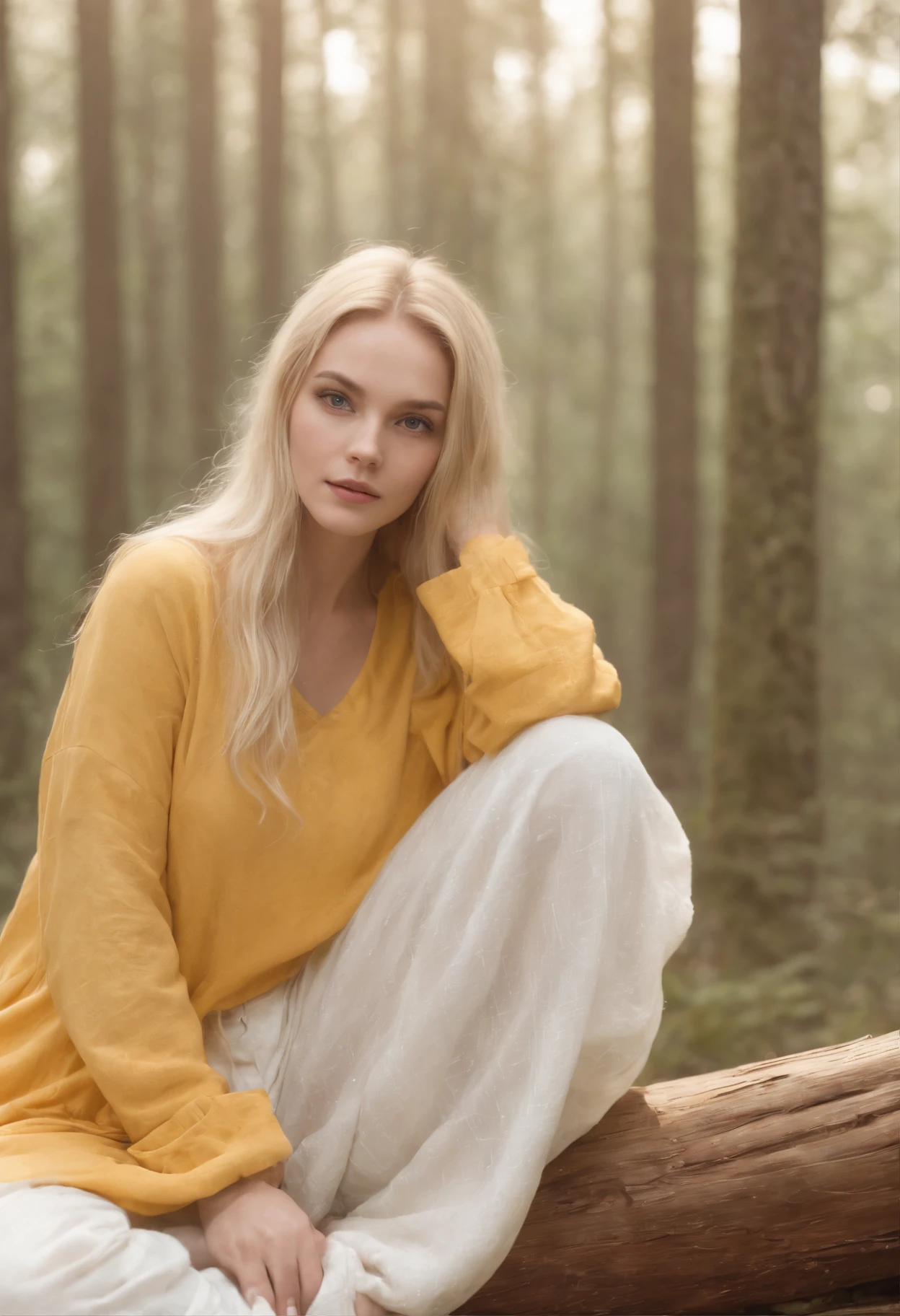 Photograph of a beautiful girl in her 20s in plain pajamas on a long yellow cloth, Sitting on a log in a misty forest, Abundant yellow hair, Bushy bangs, Sparkling and beautiful eyes, Symmetrical beautiful face, Cute and innocent face, without makeup, Unadorned, film grain, Dreamy photos, Concept photo, Emotional photography, Film Photography, photograph realistic, realisitic, Sharp focus, 14K, highly detaild, CG Society, ultra-definition, Very fine grain, Dusty photos, Grain Filter