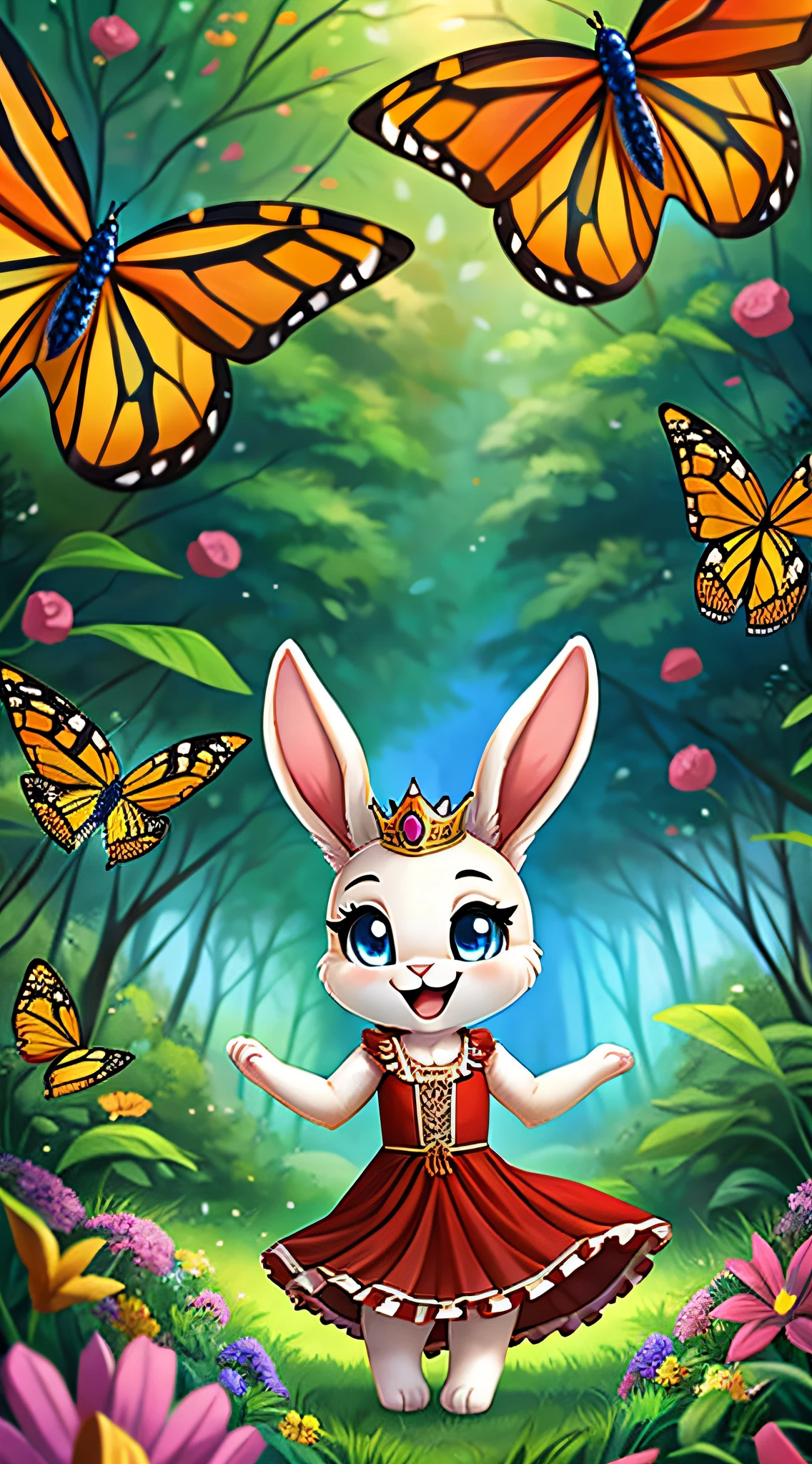 zoomed out image, fantasy style art, cute, adorable, short character, small, tiny little fluffy female white bunny with blue eyes, 4 ears, 2 extra ears, big floppy ears, long ears, ears perked up, raised ears, long eyelashes, poofy rabbit tail, wearing a red frilly ribbon dress, smiling, dancing in a forest, big expressive smile, open mouth, shut eyes, happy face, stunning visuals, monarch butterflies everywhere, flowers scattered in the bushes, digital illustration