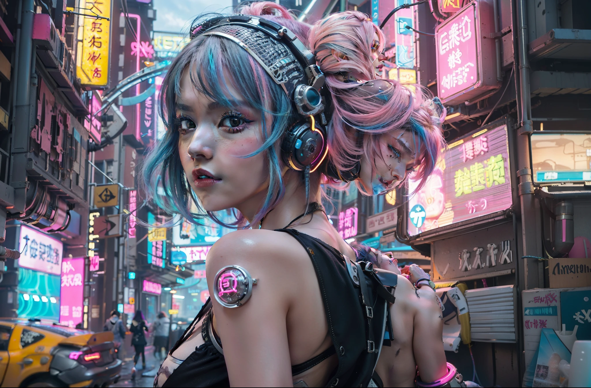 (masutepiece, of the highest quality, Best Quality, Official art, Beautiful and aesthetic:1.2),(1girl in:1.4),Full body,([Pink|Blue] hair:1.5),ighly detailed,(Fractal Art:1.3),(Colorful:1.5),highest details,(Mechanical modification:1.3),(corrected:1.2),Maiden,(A complex mechanical conduit is inserted into the back:1.5),catheter,(Neon background:1.4),(Neon City:1.75),Night,Large breasts,(Gothic_Lolita:1.2),high-heels,(:0.75),makeup,blush,(Cyberpunk:1.4),((Looking at Viewer:1.3)),((Looking back)),Sofia Boutella, brunette, sun burn, Colossal tits, Nikon D850 Film Stock Photography 4 Kodak Portra 400 Camera F1.6 lens rich colors hyper realistic lifelike texture dramatic lighting unrealengine trending on artstation cinestill 800,