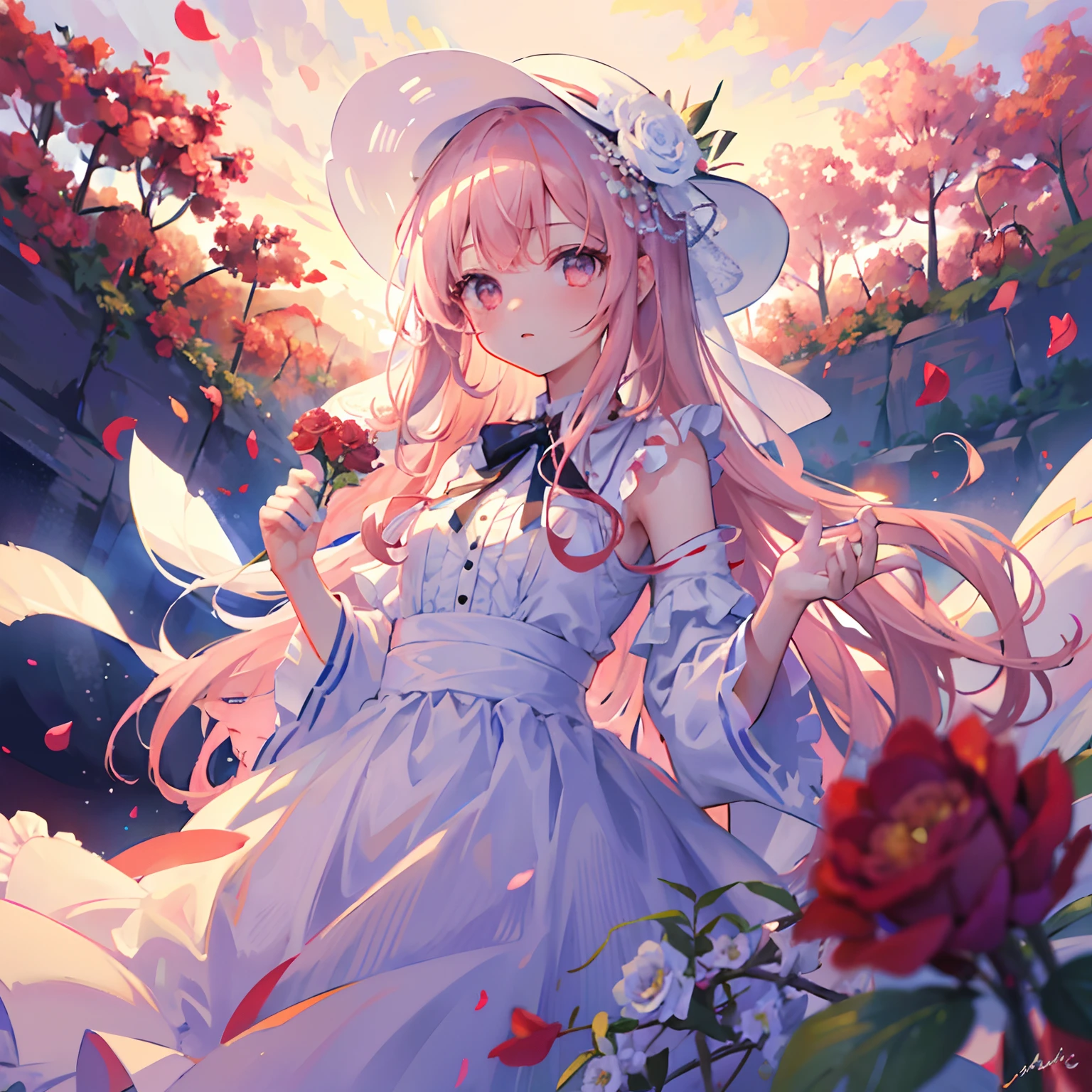 ((masterpiece, best quality)), 1girl, flower, solo, dress, holding, sky, cloud, hat, outdoors, bangs, bouquet, rose, expressionless, blush, pink hair, flower field, red flower, pink eyes, white dress, looking at viewer, midium hair, holding flower, small breasts, red rose, holding bouquet, sun hat, white headwear, depth of field