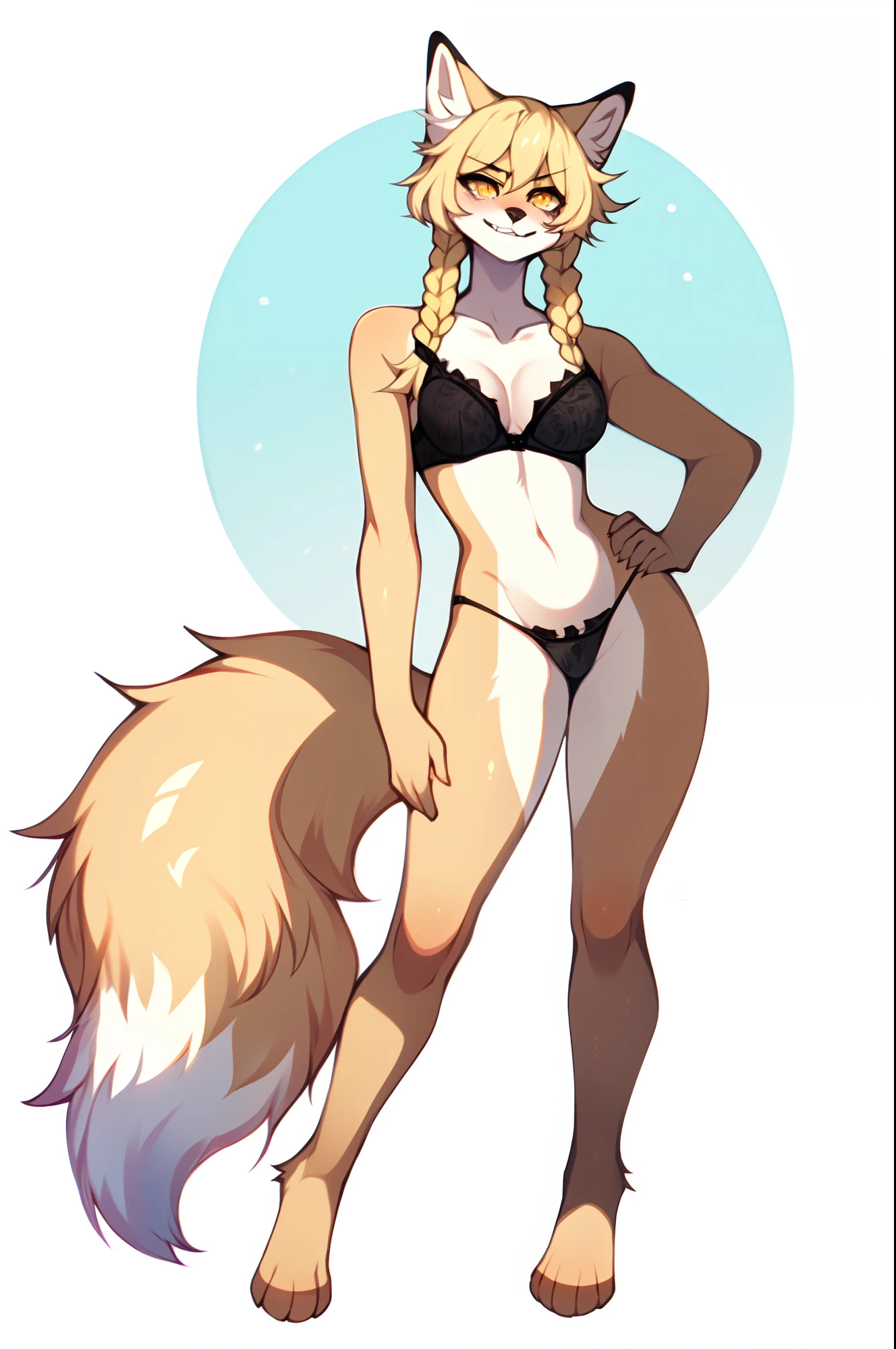 by fumiko, by claweddrip, by hyattlen, an all tan furry anthropomorphic fox woman, tan fur, all tan body, cute blonde fox tail, cute snout, yellow eyes, blonde French braided hair,angry eyes, grinning, rear view, wearing only black thong, black bra,smiling, good anatomy, paws, 4 toes, slender body, no background, white background, full body shot, feet in frame, solo:1.2, on tip toes,
