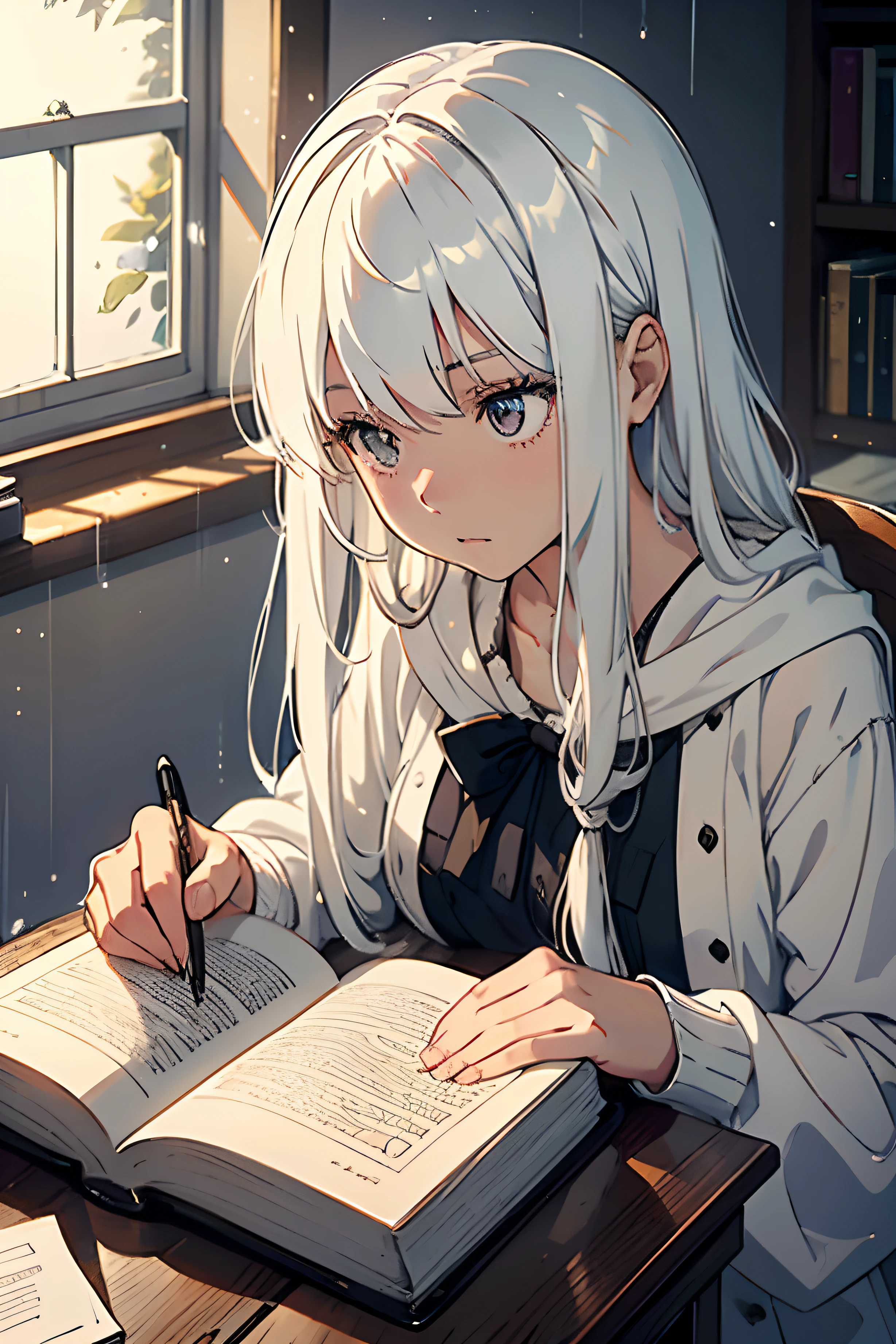 "1 girl, long, white hair, studying in her cozy and warm room. The room has a welcoming ambiance with soft, warm tones. There's a window showing the rainy night outside. The girl, fully absorbed in her studies, has her gaze fixed on the book. She is wearing comfortable clothes, creating a tranquil and focused atmosphere."