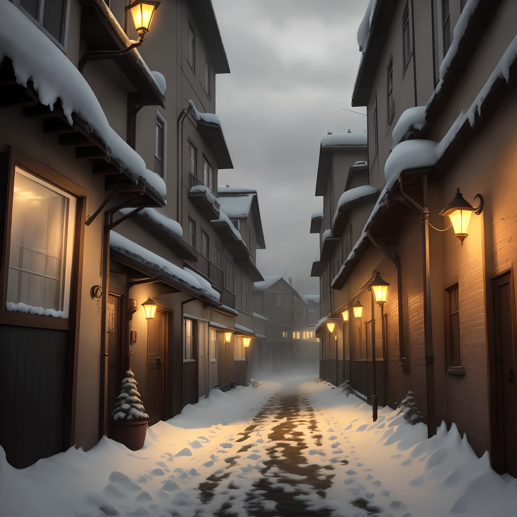 A street, Europe, dark, Lampposts, War Scenario, Snowing, Gloomy atmosphere, Chaos, Alley, old, 1930s, Depressing, post-war scenario, holocaust