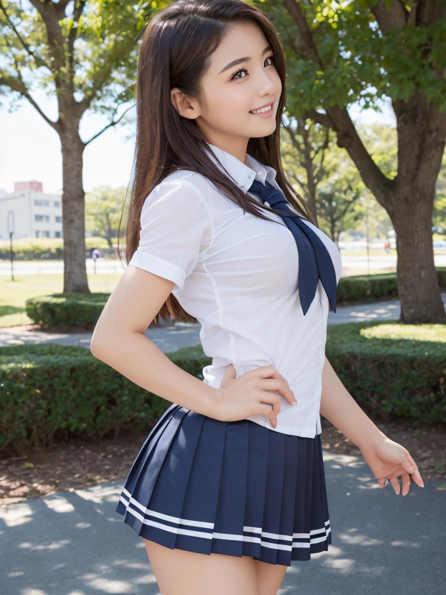 (​masterpiece:2.0), (top-quality:2.0), (Ultra mini skirt extremely small school girl uniform:1.5), (view from the side:1.5), (sexypose:1.5), (blushed face:1.3), (barechested:1.3), (Spilling boobs:1.4), (realistic:1.5), 1 ***********, precise small hands, Embarrassed look, light smile, extremely cute girl, baby face, Clear eyes, Shining eyes, small breast, cleavage of the breast is visible, The buttocks is visible, The crotch is visible, No pubic hair, The beautiful skin, ultra-definition, Top resolution, japan high school student, brown hair, in the park