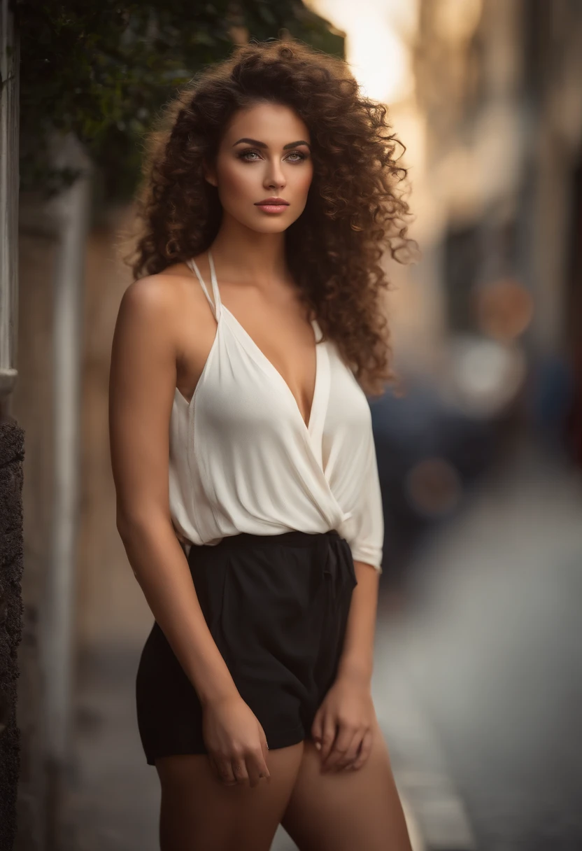 (sharp focus:1.2), photo, attractive young woman, big boobs, (beautiful face:1.1), detailed eyes, luscious lips, (cat eye makeup:0.85), (large eyes:1.0), (toned body:1.2), (curly hair:1.2), (curvy body :1.2), wearing (romper:1.2) on a (street:1.2). (moody lighting:1.2), depth of field, bokeh, 4K, HDR. by (James C. Christensen:1.2|Jeremy Lipking:1.1).