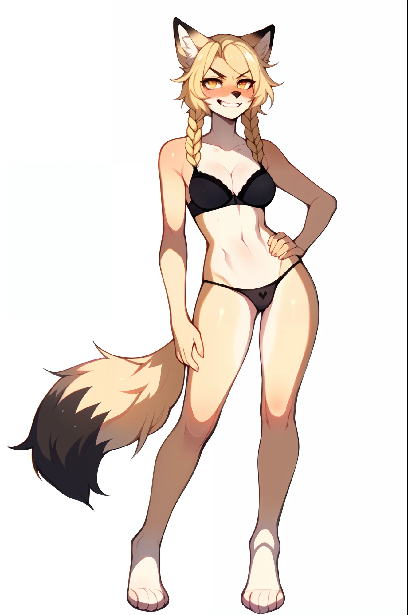 by fumiko, by claweddrip, by hyattlen, an all tan furry anthropomorphic fox woman, tan fur, all tan body, short cute blonde fox tail, cute snout, yellow eyes, blonde French braided hair,angry eyes, grinning, rear view, wearing only black thong, black bra,smiling, good anatomy, paws, 4 toes, slender body, no background, white background, full body shot, feet in frame, solo:1.2,