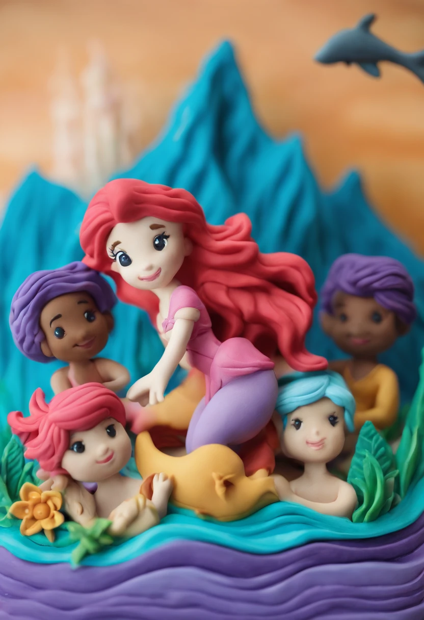 Little Mermaid Ariel and her friends swimming into the ocean Prince on the ship, sunset, mountains