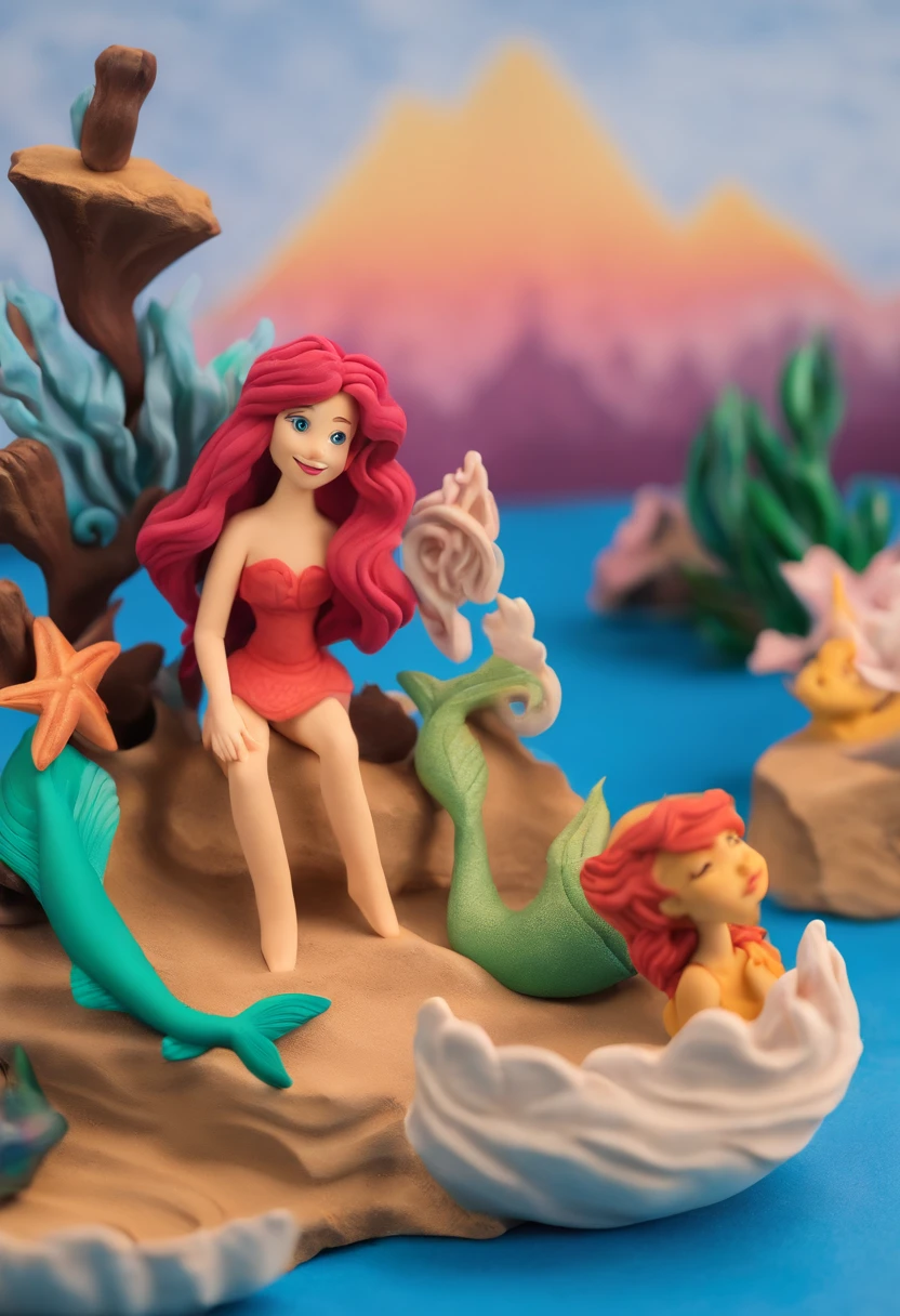 Little Mermaid Ariel and her friends swimming into the ocean Prince on the ship, sunset, mountains
