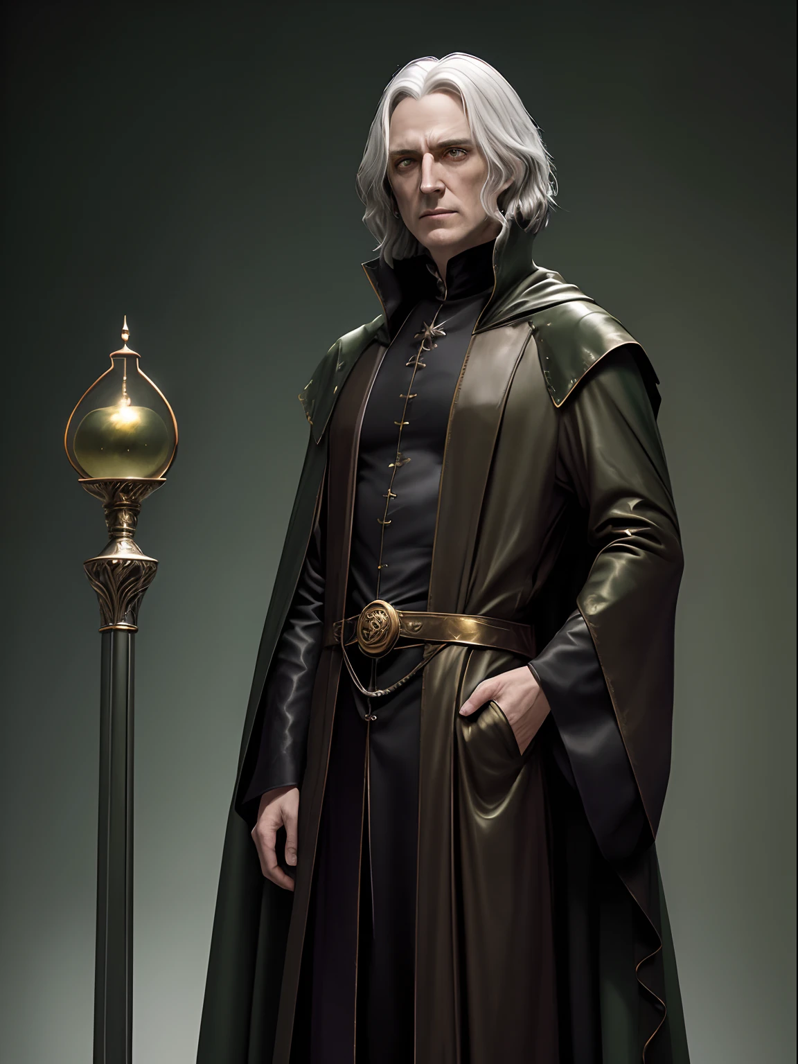 Raistlin Majere(Golden Leather, haggard, Painful appearance,, golden eyes with hourglass-shaped pupils, Piercing gaze) and Severus Snape; In the official silk robe of the Slytherin faculty (green and silver colors), against the backdrop of Hogwarts, full body photographed