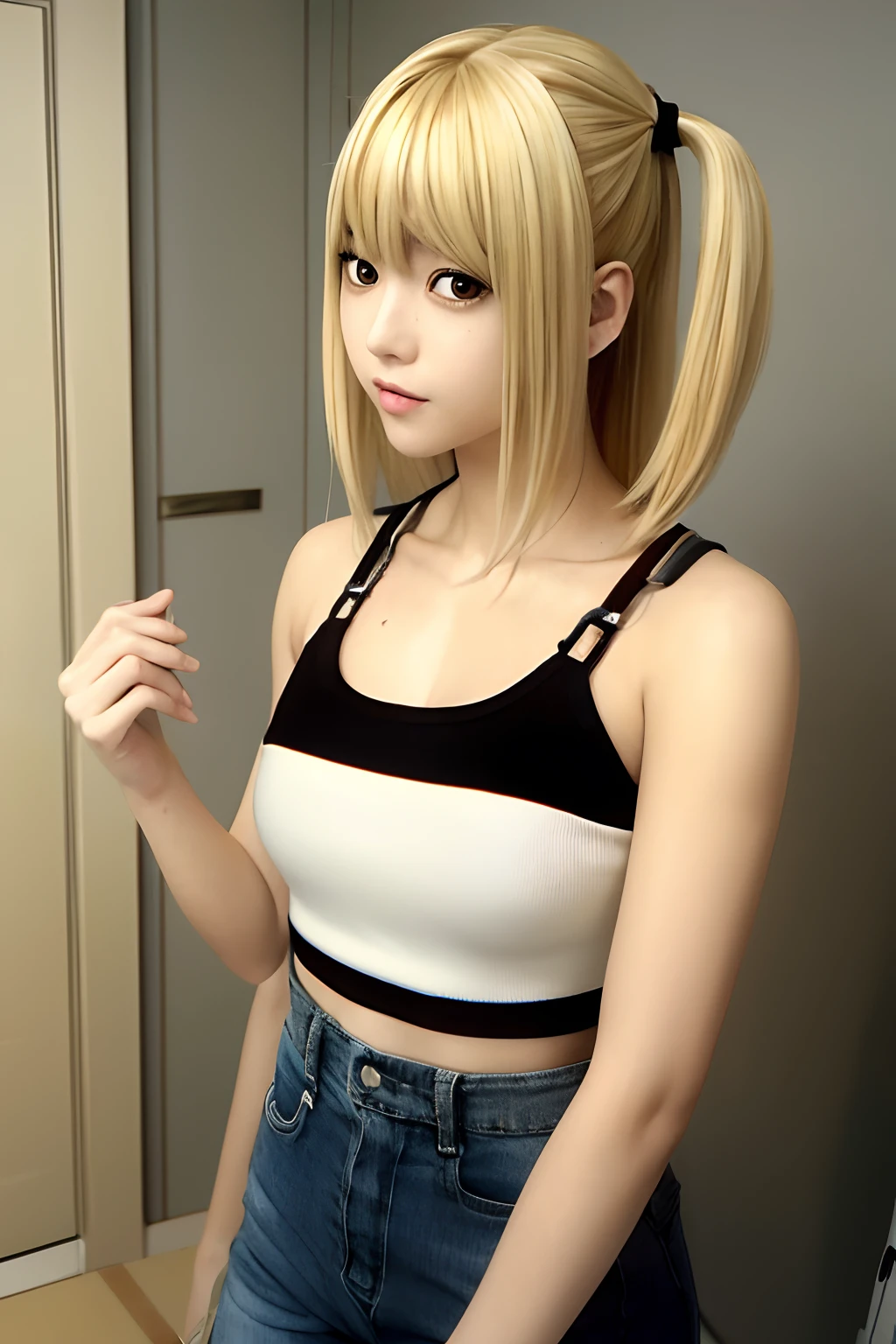 masterpiece, best quality, ultrarealistic 1:2, takeshi obata, amane misa, death note, twintails, blonde, short jeans, white crop top