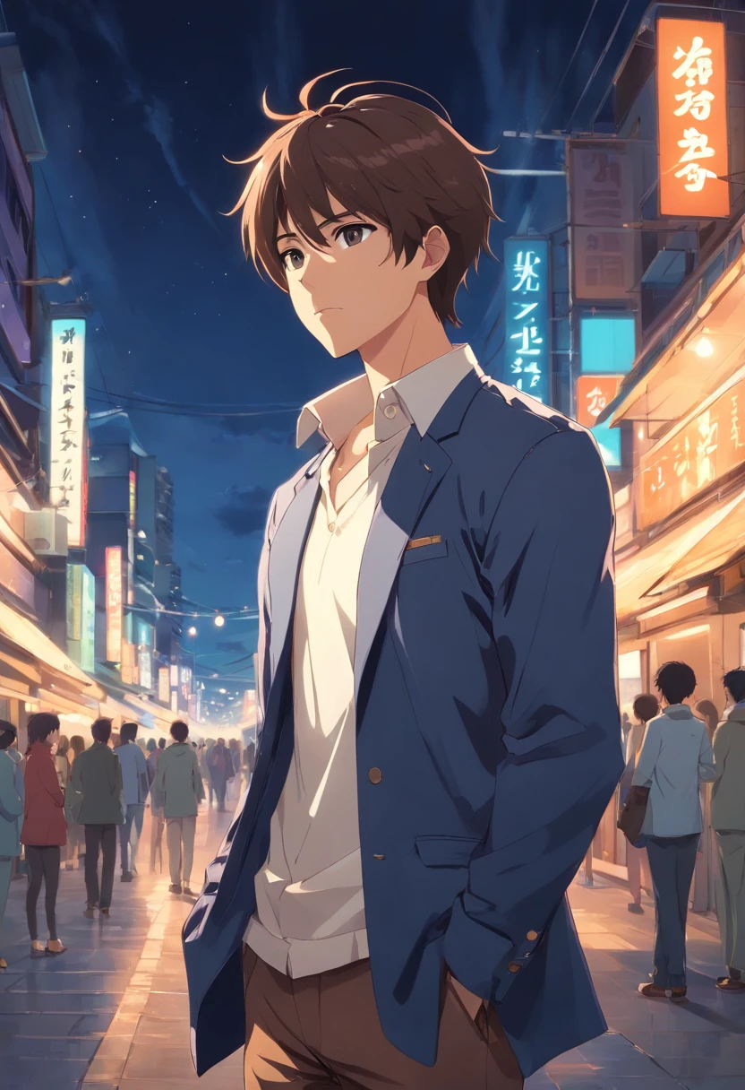 Composition of the upper body,Makoto Shinkai's painting style,japanes,Dandy man in his 30s,A tall man,Groomed beard, Delicate facial features like an actor,A slight smile,Black hair with blonde highlights, Wearing a white shirt and a black gentlemanly jacket, Denim jeans, Intense muscles, Eyes are brown, nighttime scene