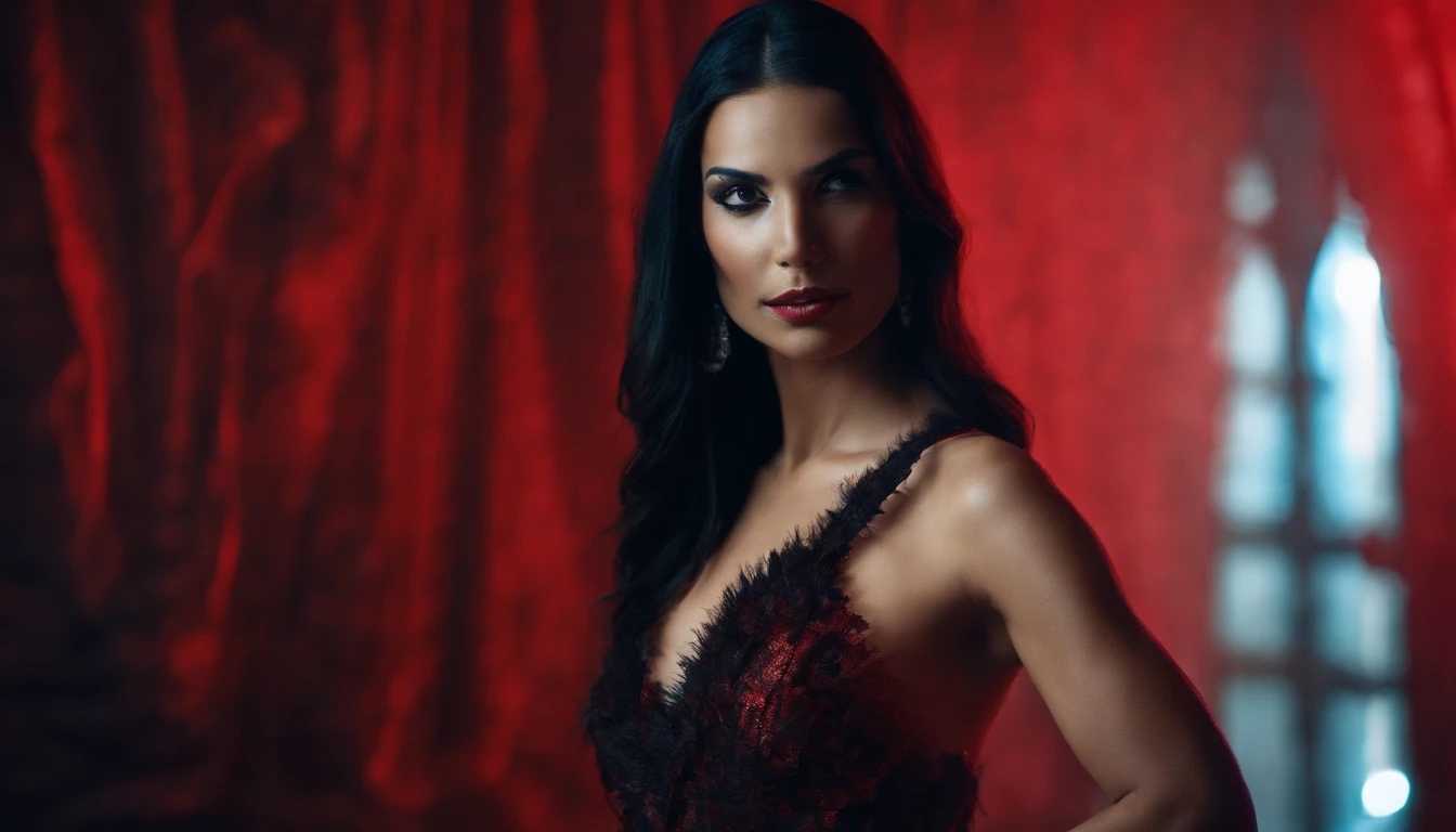 back of a beautiful woman with long black hair in a fashion photoshoot photographed from a low camera angle wearing a dress made from black feathers and lace, facing opposite side, dramatic portrait, dangerous, red traced neon background with blue laser light rays, high contrast and dynamic pose, movement, wet, energy, dramatic lighting, colorized, intense and vibrant colors of electrified neon red, blue —ar 9:16 —chaos 12 —s 1000 —v 5 —ar 9:16 —q 5