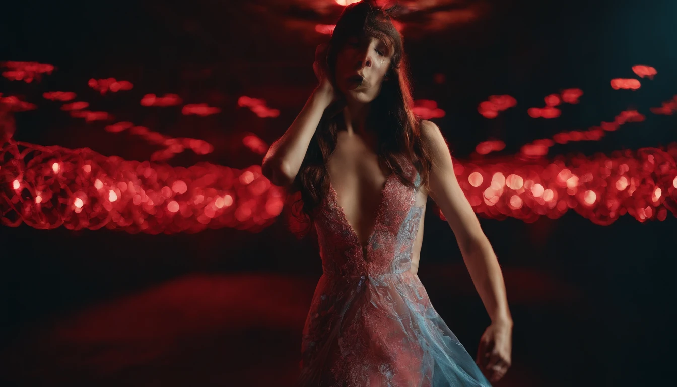 back of a beautiful woman with long black hair in a fashion photoshoot photographed from a low camera angle wearing a dress made from black feathers and lace, facing opposite side, dramatic portrait, dangerous, red traced neon background with blue laser light rays, high contrast and dynamic pose, movement, wet, energy, dramatic lighting, colorized, intense and vibrant colors of electrified neon red, blue —ar 9:16 —chaos 12 —s 1000 —v 5 —ar 9:16 —q 5