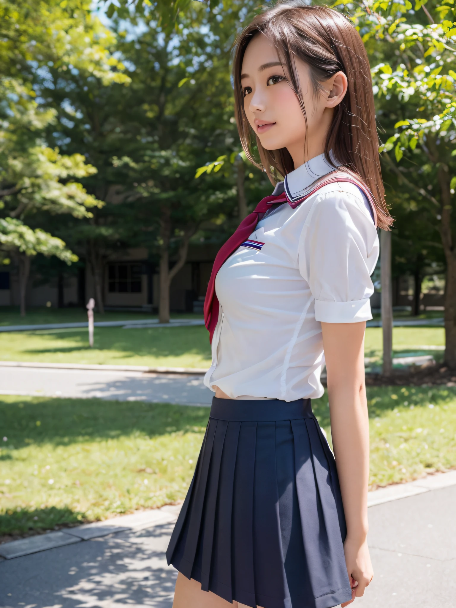 (​masterpiece:2.0), (top-quality:2.0), (Ultra mini skirt extremely small school girl uniform:1.5), (view from the side:1.5), (sexypose:1.5), (blushed face:1.3), (barechested:1.3), (Spilling boobs:1.4), (realistic:1.5), 1 little girl, precise small hands, Embarrassed look, light smile, extremely cute girl, baby face, Clear eyes, Shining eyes, small breast, cleavage of the breast is visible, The buttocks is visible, The crotch is visible, No pubic hair, The beautiful skin, ultra-definition, Top resolution, japan high school student, brown hair, in the park