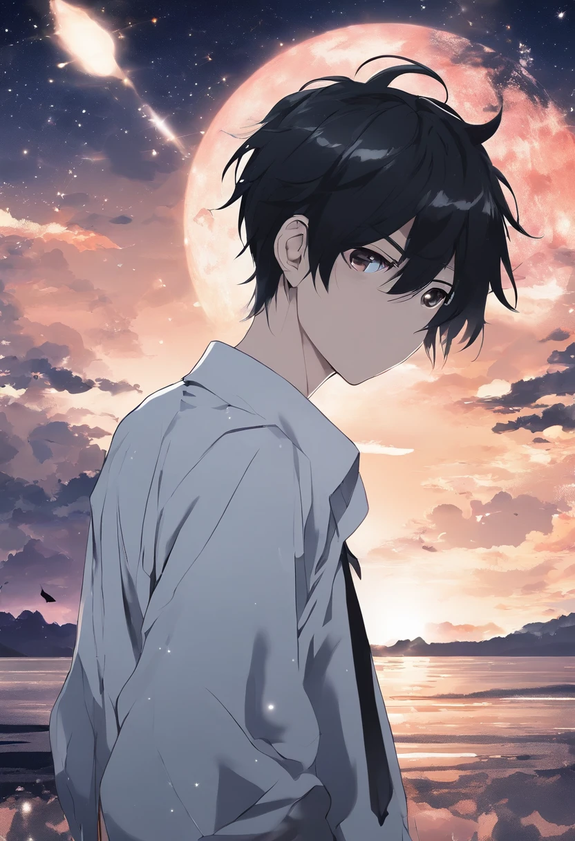 Anime Boy,(Man's), Expressionless short black hair, White shirt, (Best Quality, 4K, High resolution: 1.4), Stars on bright night sky background