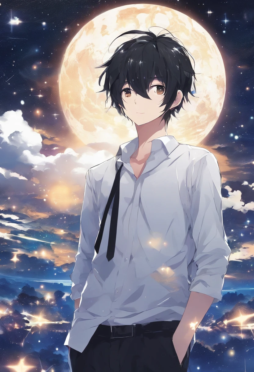 Anime Boy,(Man's), Expressionless short black hair, White shirt, (Best Quality, 4K, High resolution: 1.4), Stars on bright night sky background