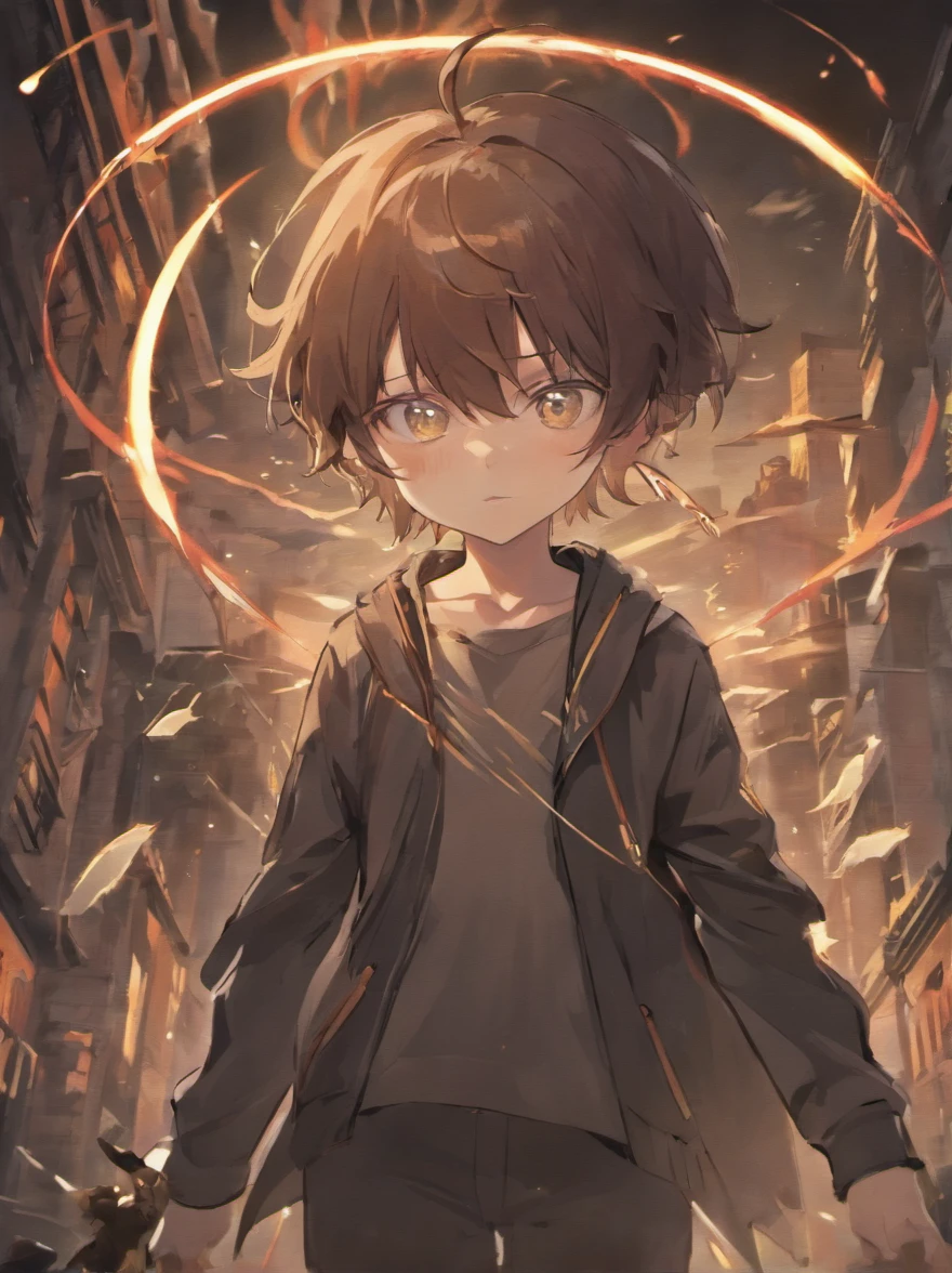 1boy, dark short hair, different color eyes, one demonic eye and one angelic eye, halo, one side horn, a task pointy tooth, 7 color spirits fly around the character, wears simple white shirt and simple black pants, wears a dark overcoat, holding a bo staff, 27-35 years old, facial hair, 8k, masterpiece, ultrasharp, high res, apocaliptic city,