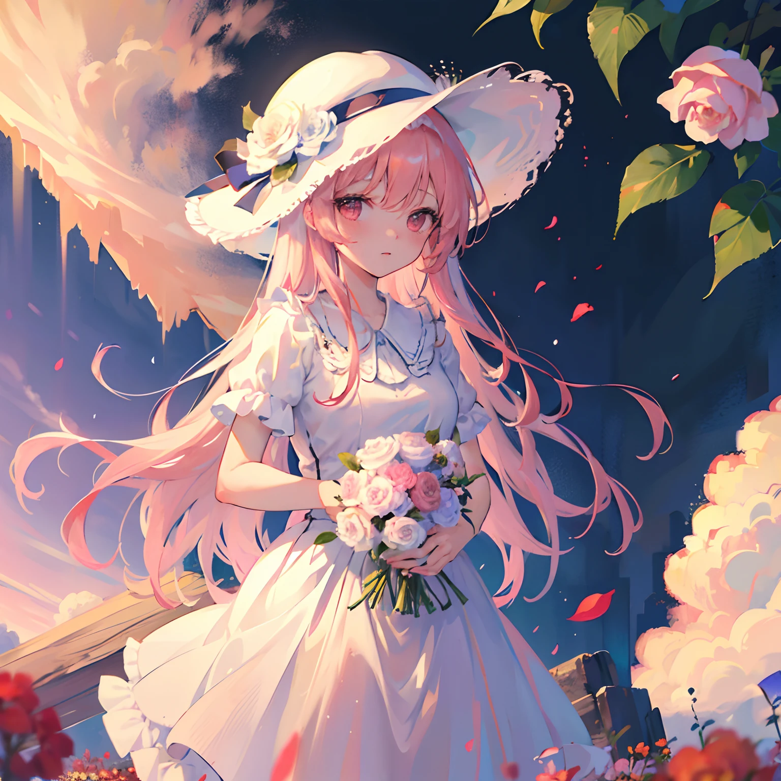 ((masterpiece, best quality)), 1girl, flower, solo, dress, holding, sky, cloud, hat, outdoors, bangs, bouquet, rose, expressionless, blush, pink hair, flower field, red flower, pink eyes, white dress, looking at viewer, midium hair, holding flower, small breasts, red rose, holding bouquet, sun hat, white headwear, depth of field