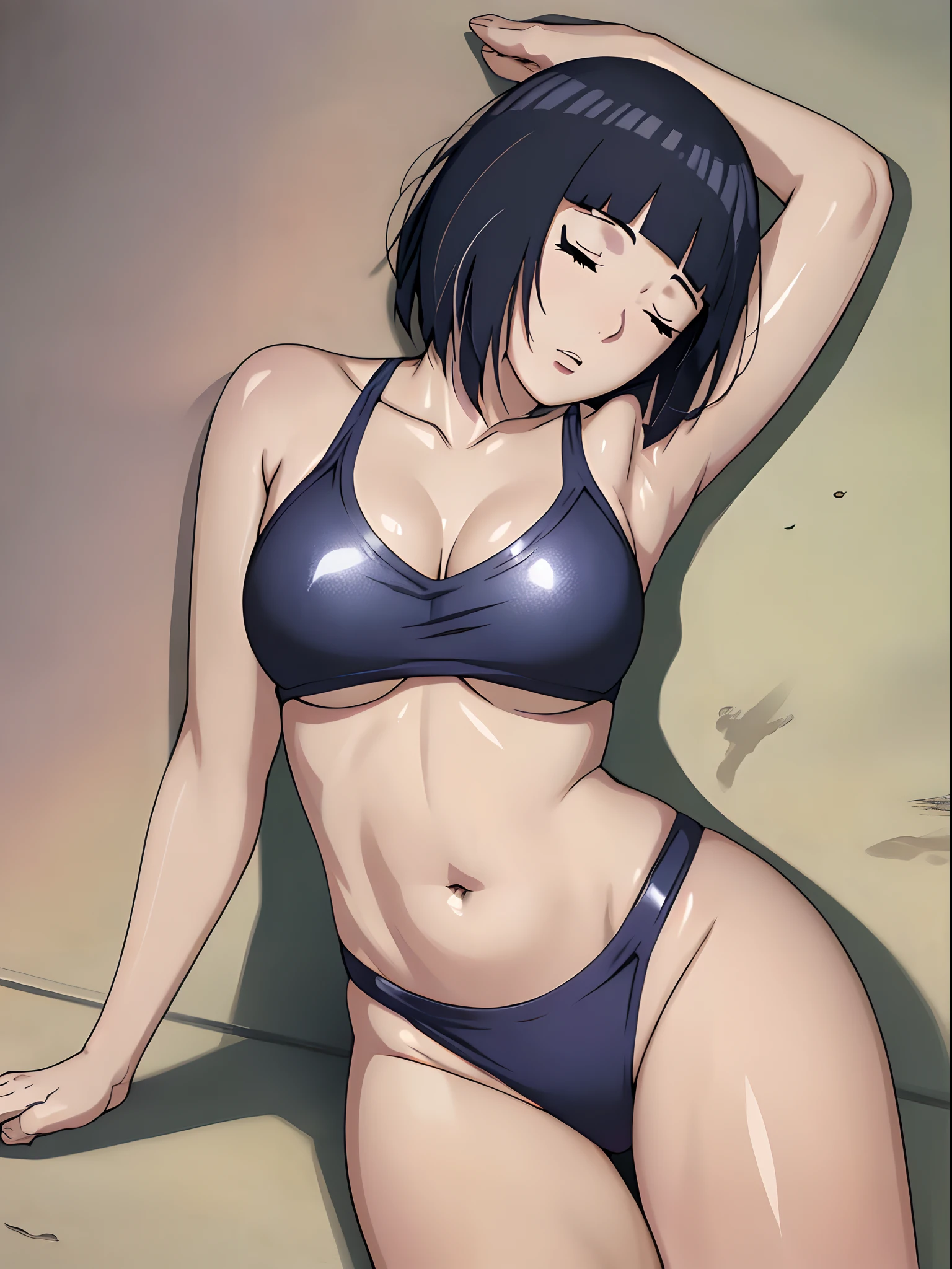 (ultra detailed body, ultra detailed face), ((solo)), anime style, hires, ((yellow ground)), (hinata\(boruto\), (female wrestler), (slender body, broad shoulders), mature woman, milf, (black bikini, ultra detailed pro wrestling gear), victorious, gorgeous, winner, (moaning , open mouth), (pale skin, shiny skin, lighting and shadow), (dark blue hair color:1.1), wavy hair, ((short hair, hime cut, floating hair), big breasts, ((leaning against ground, lying on back, sleeping on ground, out cold, unconscious)), (long belly), (closed fists, head tilt), seductive