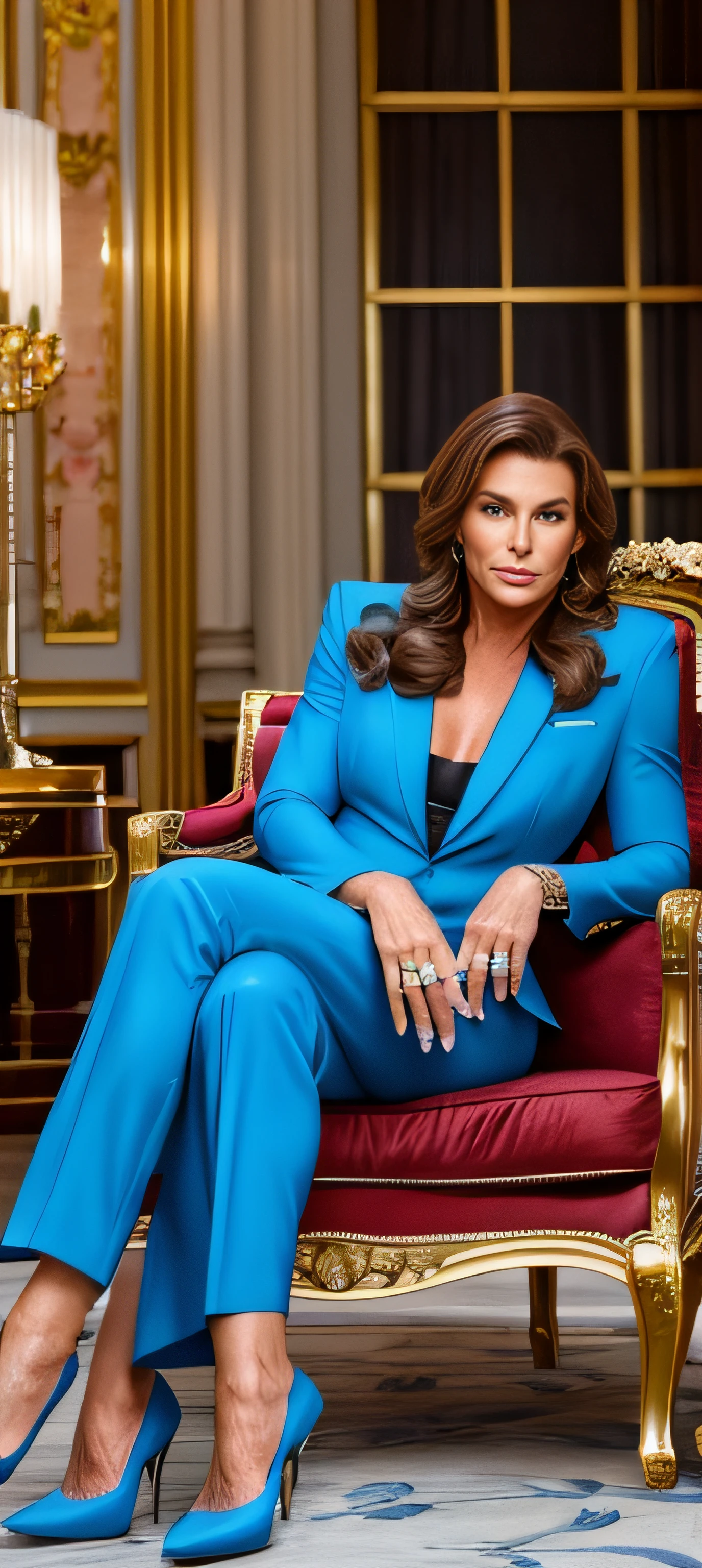 Queen Caitlyn Jenner in Royal palace living room during interview in hot blue suit and high heels
