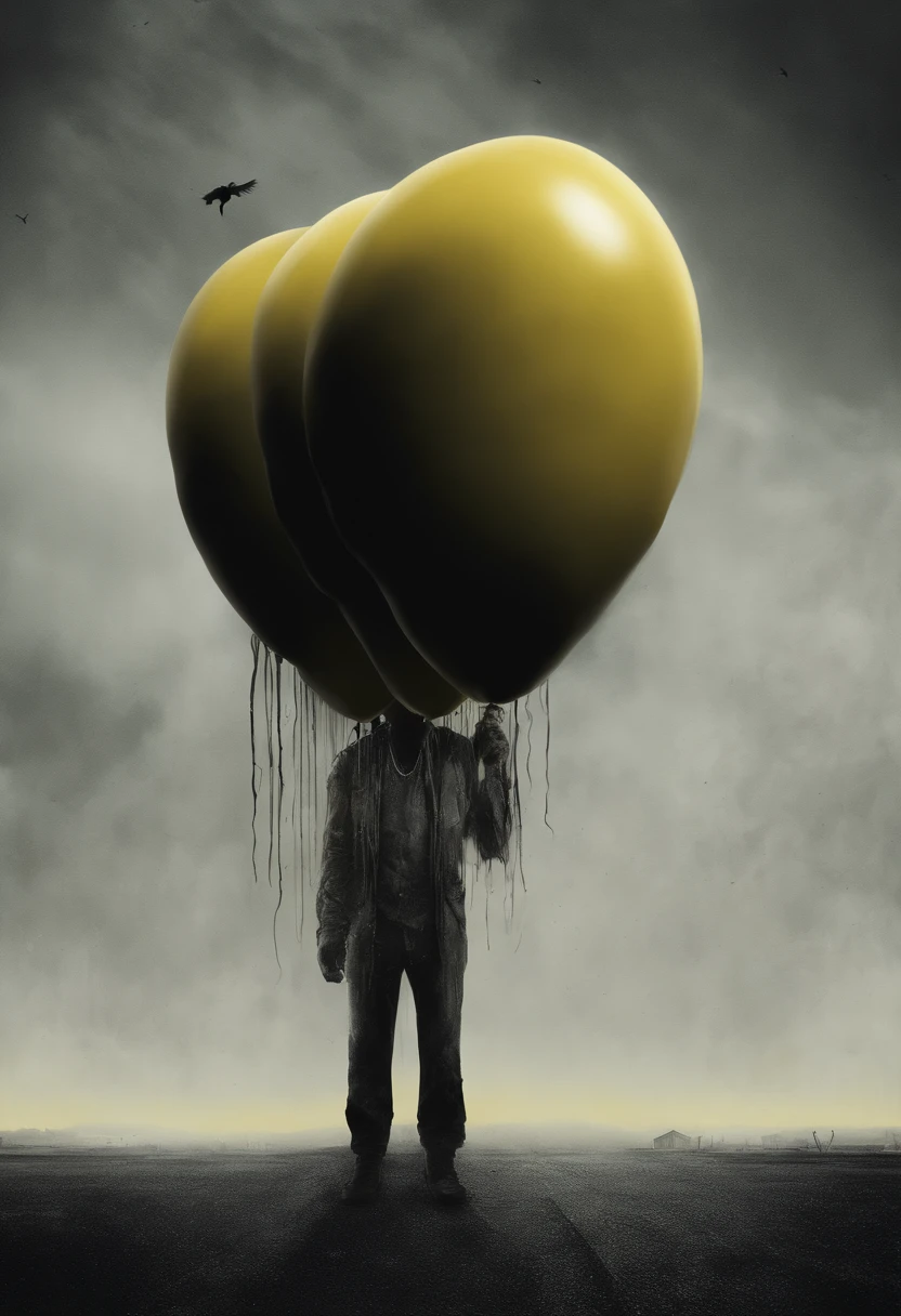 a creepy man standing on the otherside of the road in a yellow mask with a huge smile, holding a yellow balloon, scary, eerie