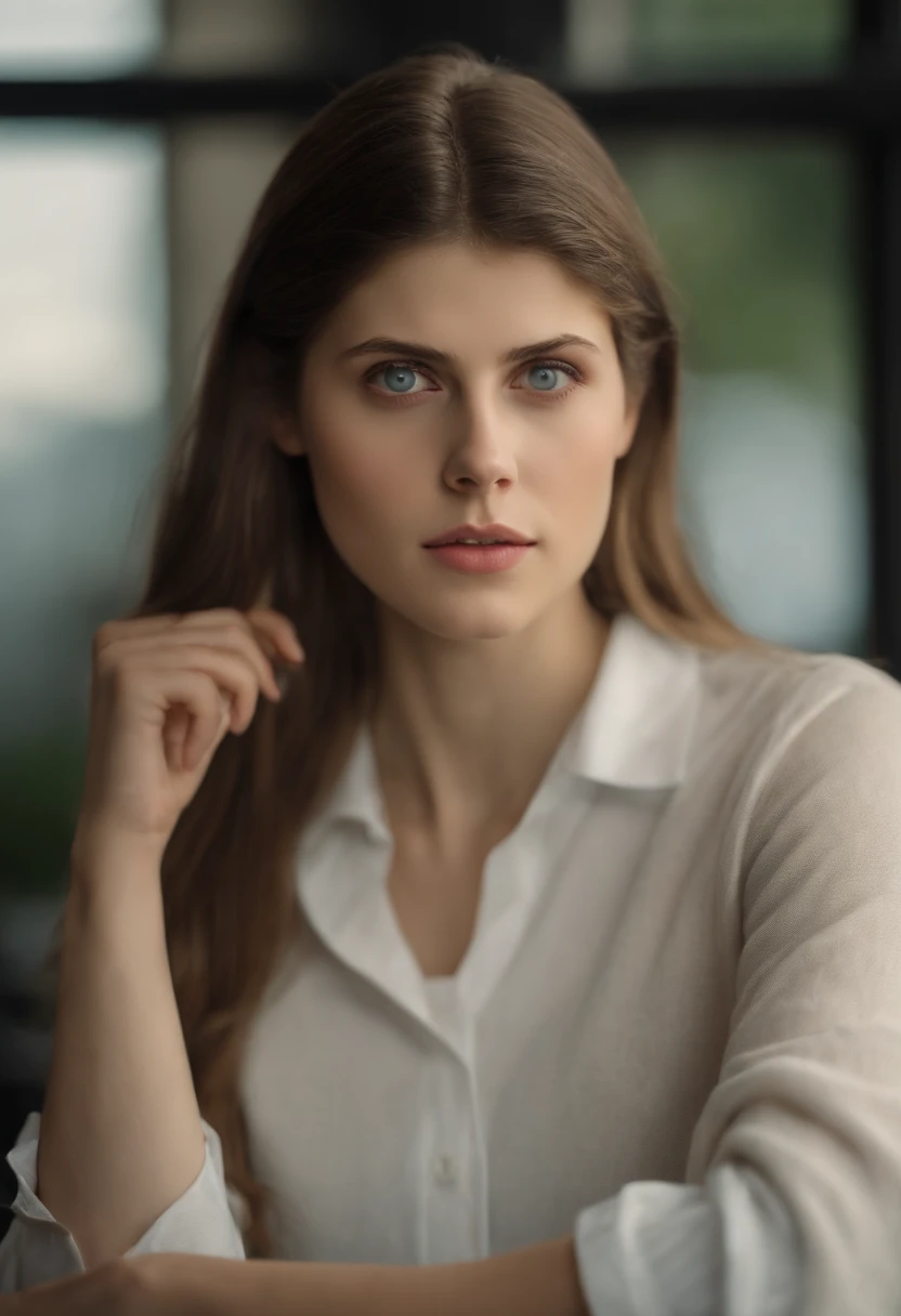 full body portrait of a stunningly beautiful student Alexandra Daddario without make-up, 17 years old, /(perfect and detailed hands, fine fingers, perfect and highly detailed eyes, perfect face, perfect and athletic body,), /(long light brown hair in ponytail, triangular face, perfect brown eyes, shapely legs, hourglass body, sexi,), /(school uniform: blues sky sweater, white blouse, white miniskirt, dark blue socks,) extremely detailed light hazel eyes, detailed symmetric realistic face, extremely detailed natural skin texture, peach fuzz, masterpiece, absurdres,